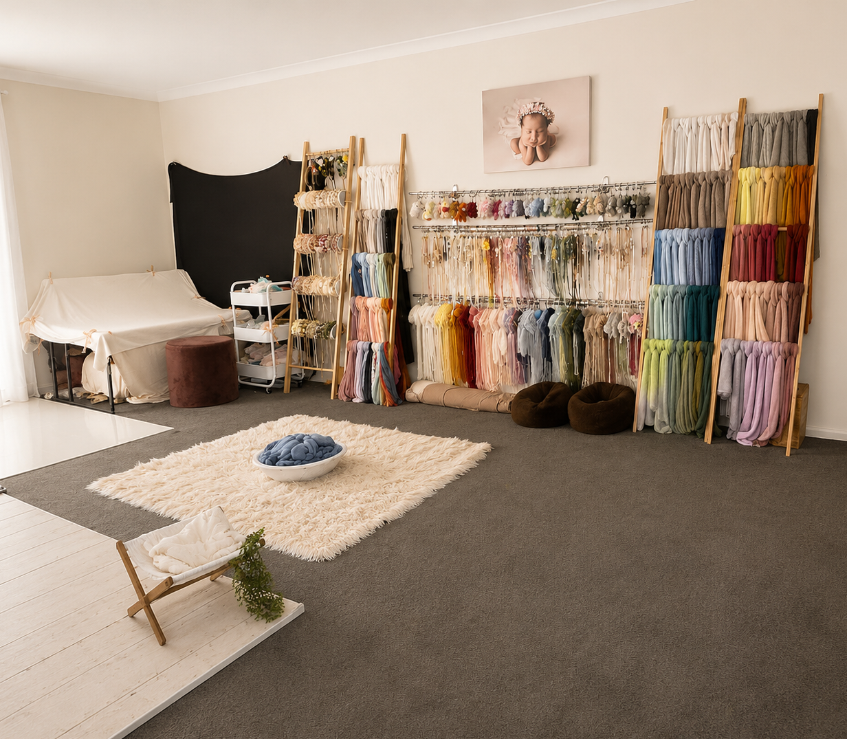 Interior of a fabric and textile store with clothing, yarn, and fabric swatches on display, a fluffy rug, and cozy seating. Newborn Photography Studio South Morang