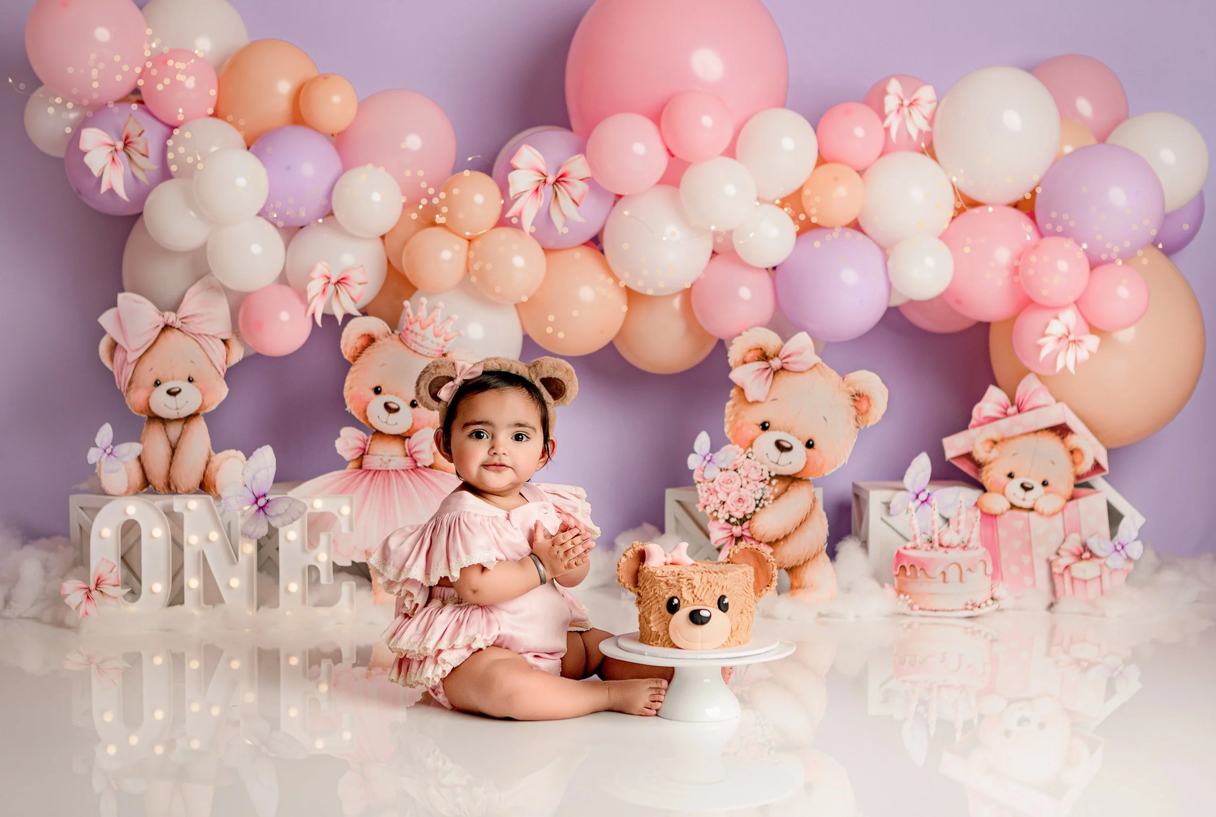 Pink teddy bear cake smash set up Family newborn photography Melbourne Cake Smash South Morang Photographer.
