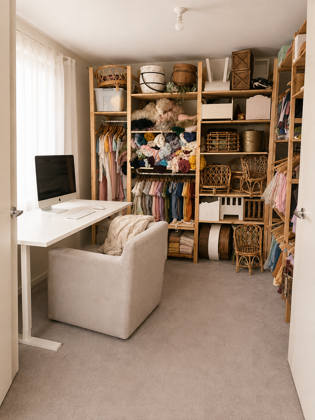 A home office with a white desk, beige chair, desktop computer, and a large closet filled with colorful sweaters, clothing, baskets, and decorative chairs. Newborn Photography Studio Melbourne