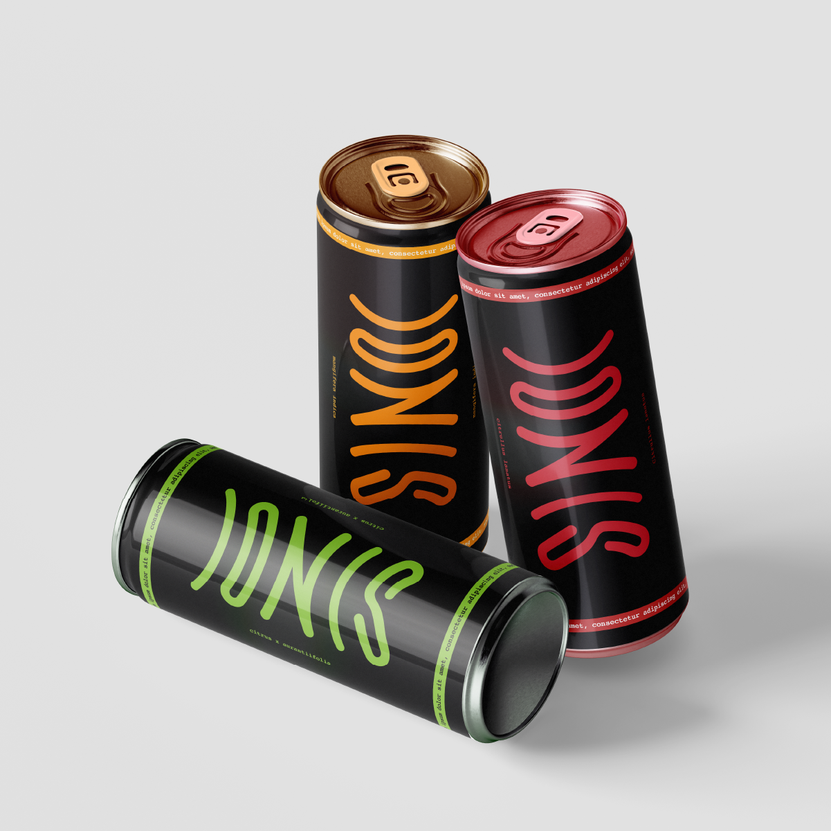 Three cans of soda on a gray background, with colorful and modern packaging design. One can is green with the word 'SUNK' in bright green, and two cans are black with orange and red accents, labeled 'SINK'.