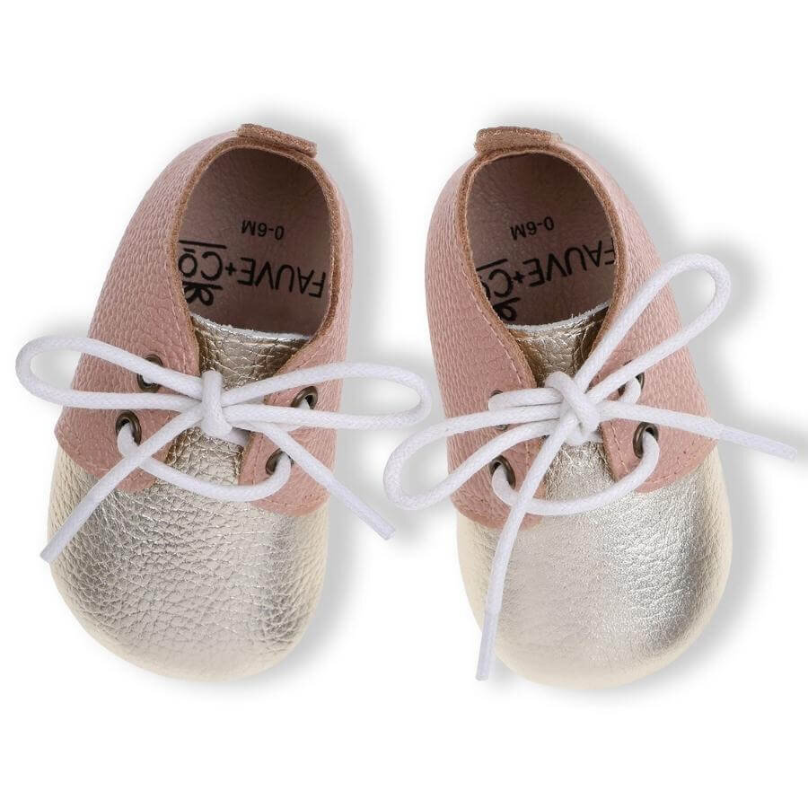 100% genuine cow leather oxford baby shoes in pink and rose gold leather