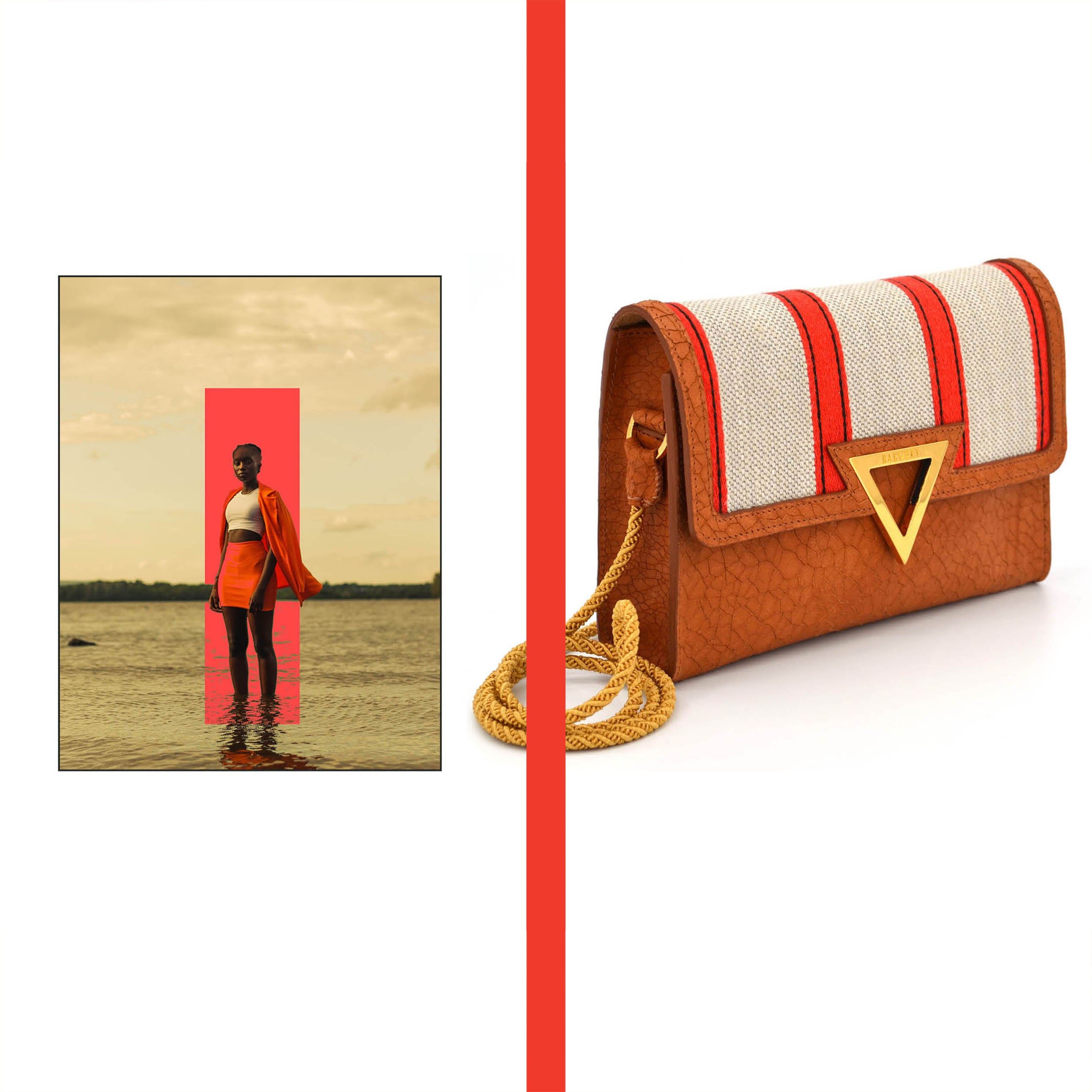 Mood Picture of the Namib Clutch. It shows a girl standing in the sea and on the right side the bag. The red stripes are the connecting element.g