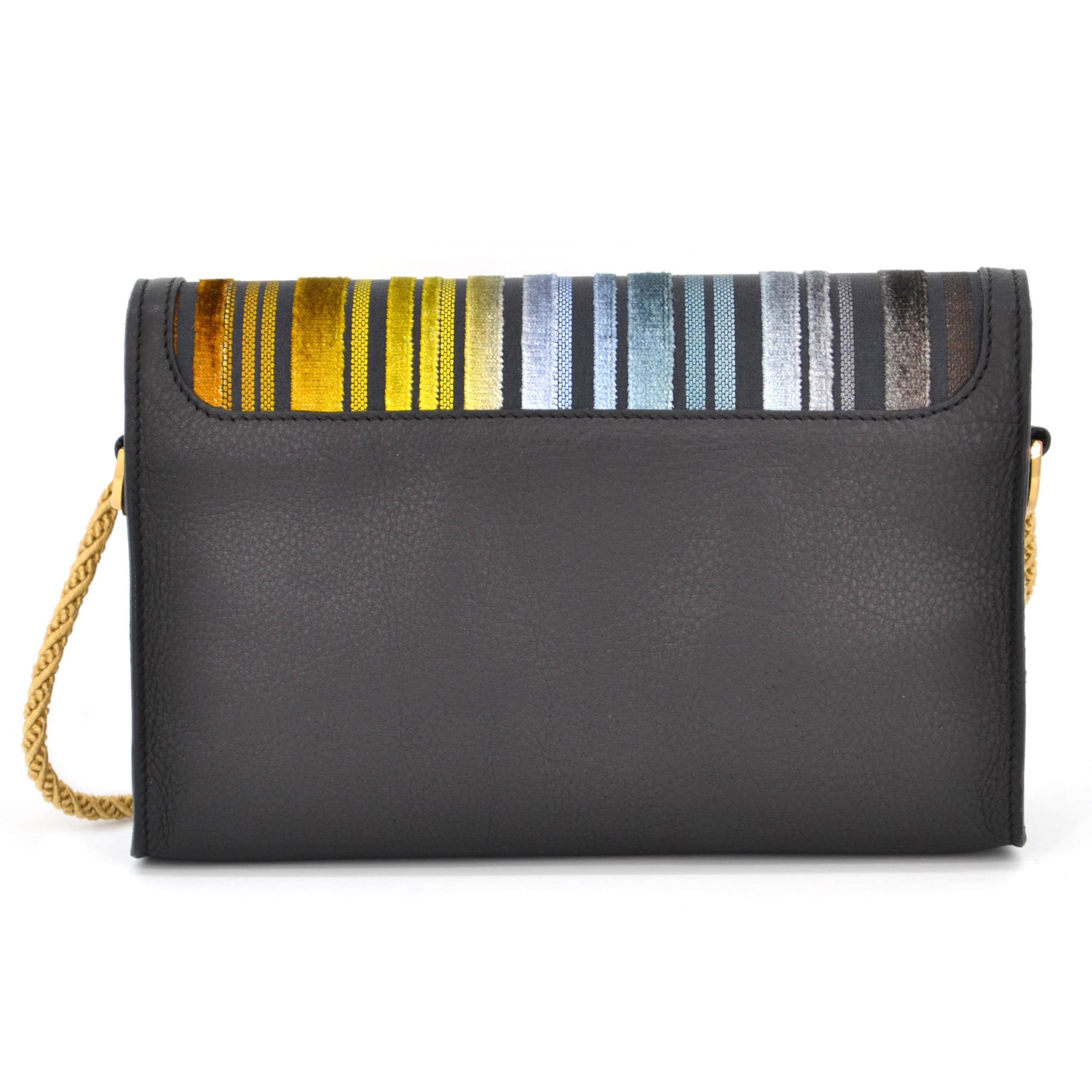 Back view of the black shoulder bag. The fabric is a shown from the front and the back.
