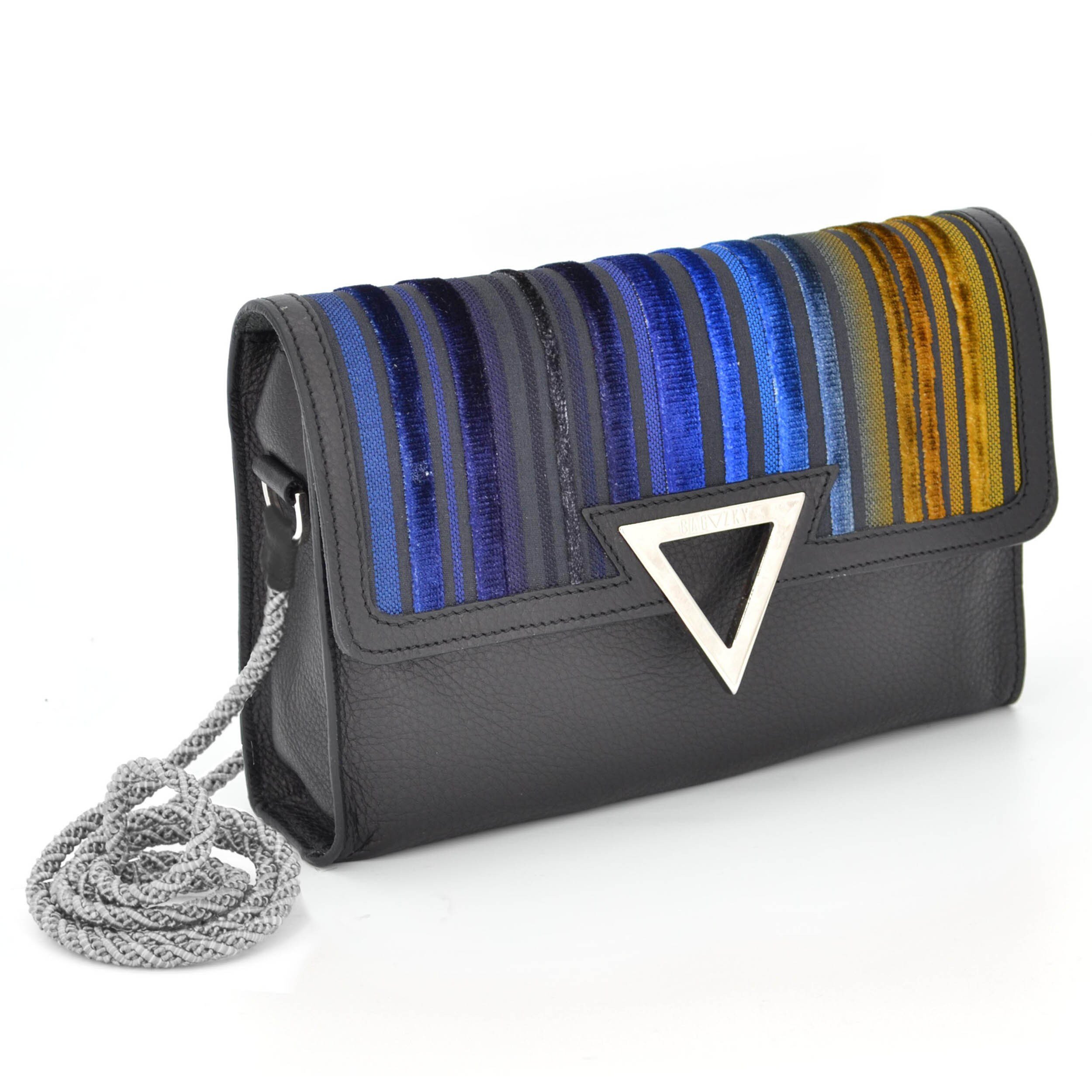 Side view of the black evening bag. It has silver hardware.