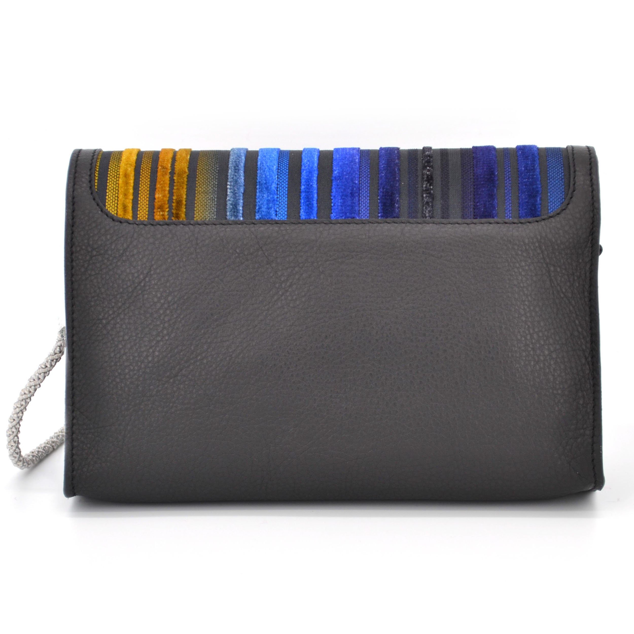 Back view of the small evening bag, which is a one cut bag combined with upholstery fabric.