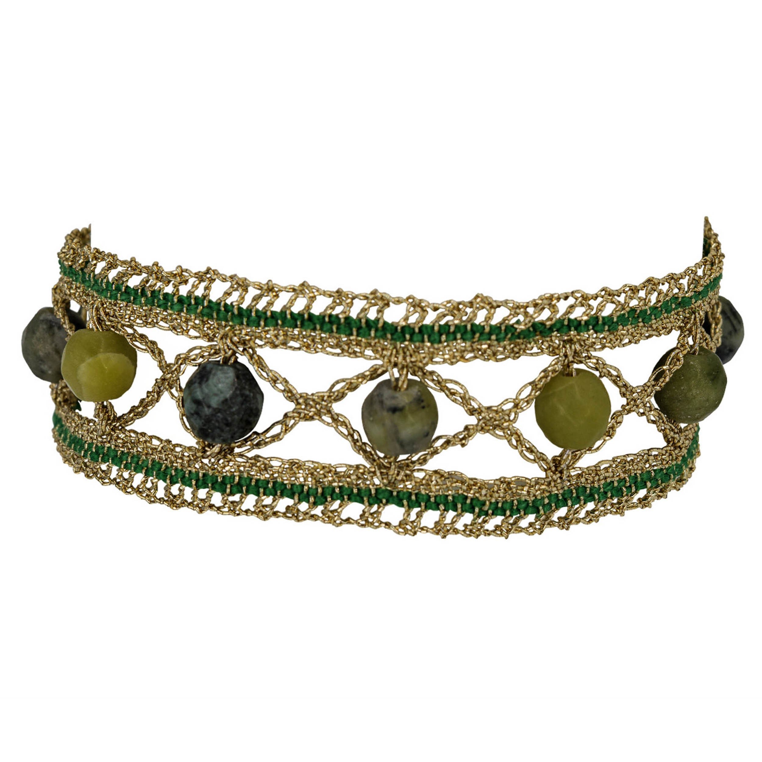Artfully intertwined threads form the foundation for the beautiful stone beads, which come in every shade of green imaginable. Golden lurex provides the perfect backdrop.