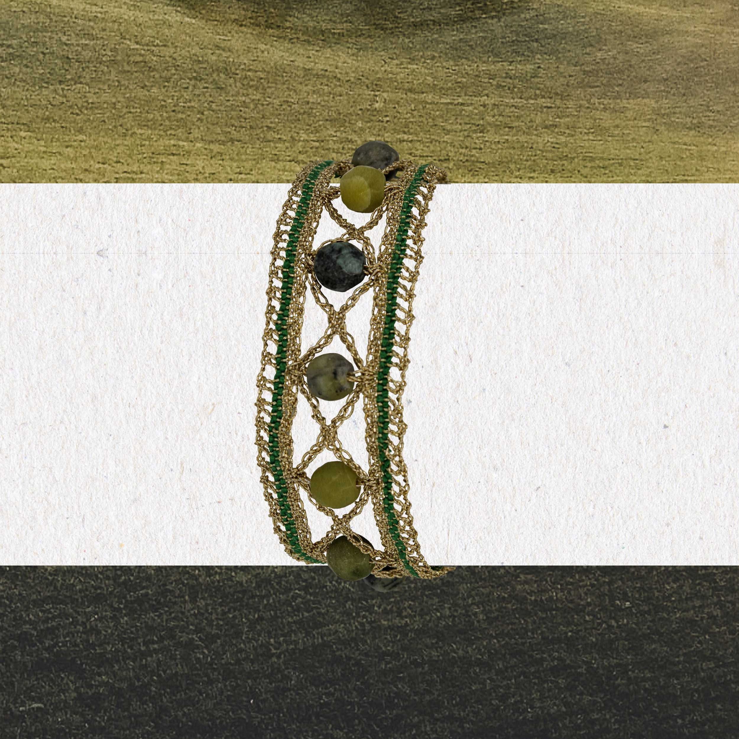 Mercerized cotton embroidery thread and gold lurex thread are combined using a centuries-old lace technique to create a wearable, modern bracelet.