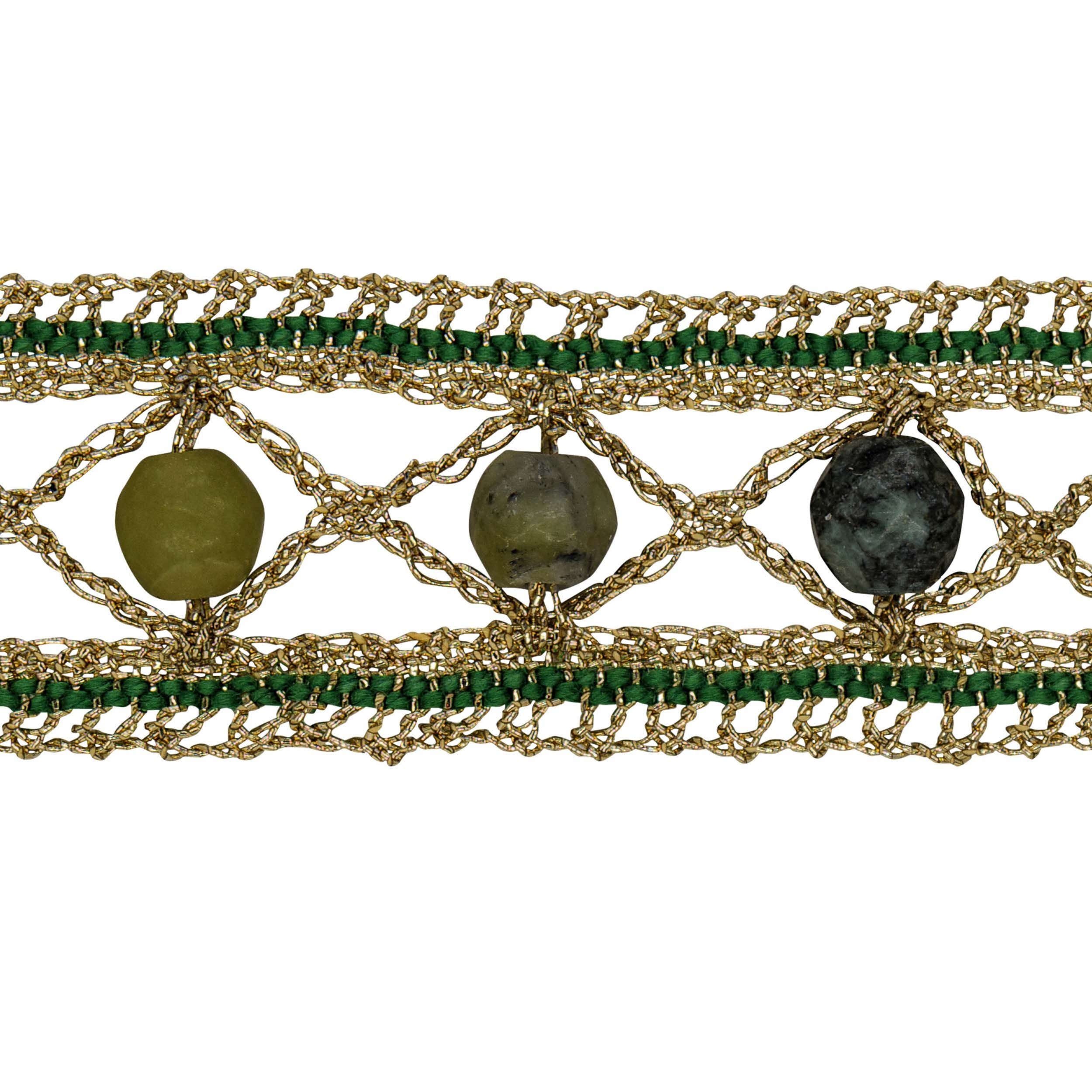 Textile art jewelry made of handmade bobbin lace with radiant golden lurex and stone beads in different shades of green.