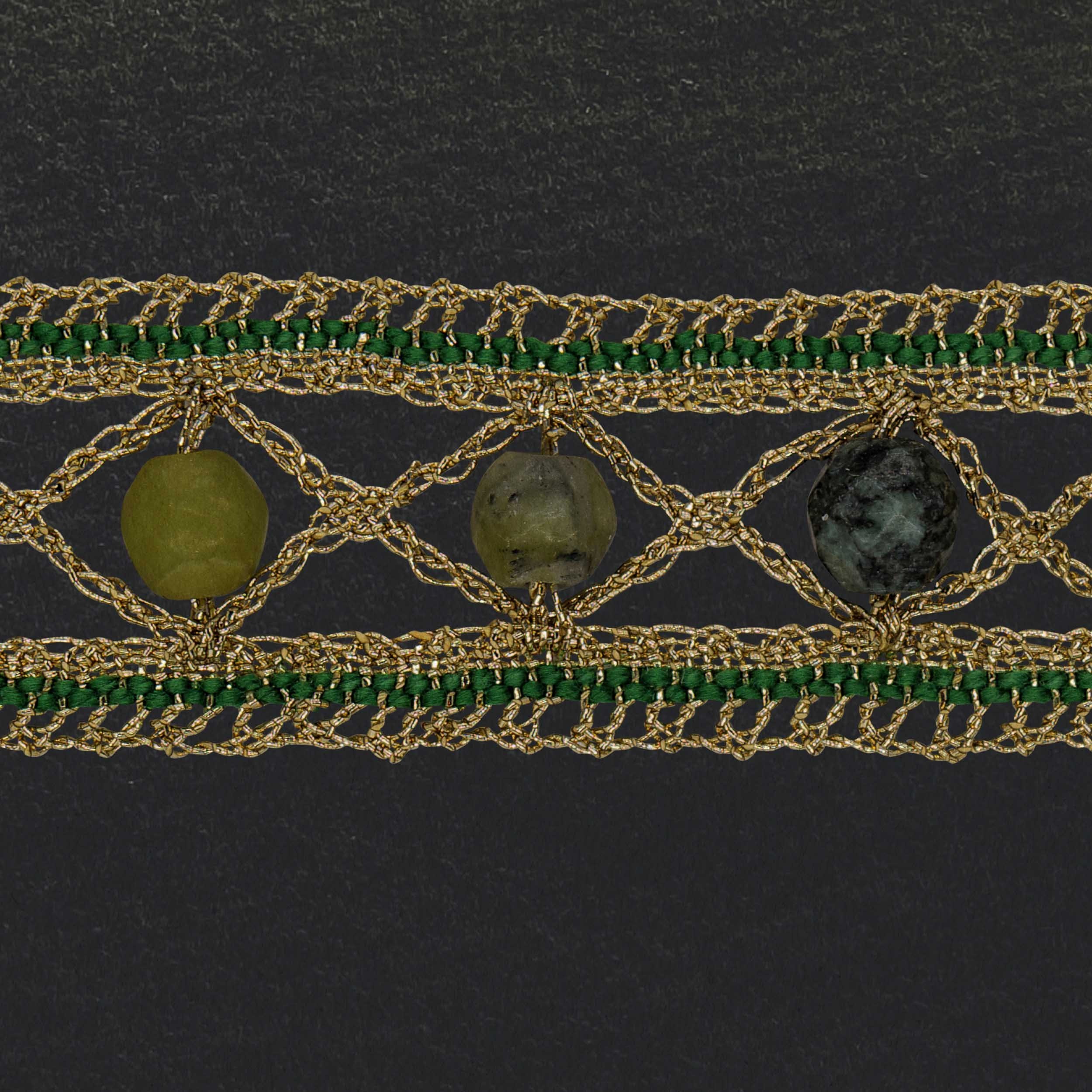 A one-of-a-kind bracelet, handmade down to the last detail, unique textile jewelry, a limited edition piece made from the finest threads and yarns such as 100% Egyptian cotton and metallic threads.
