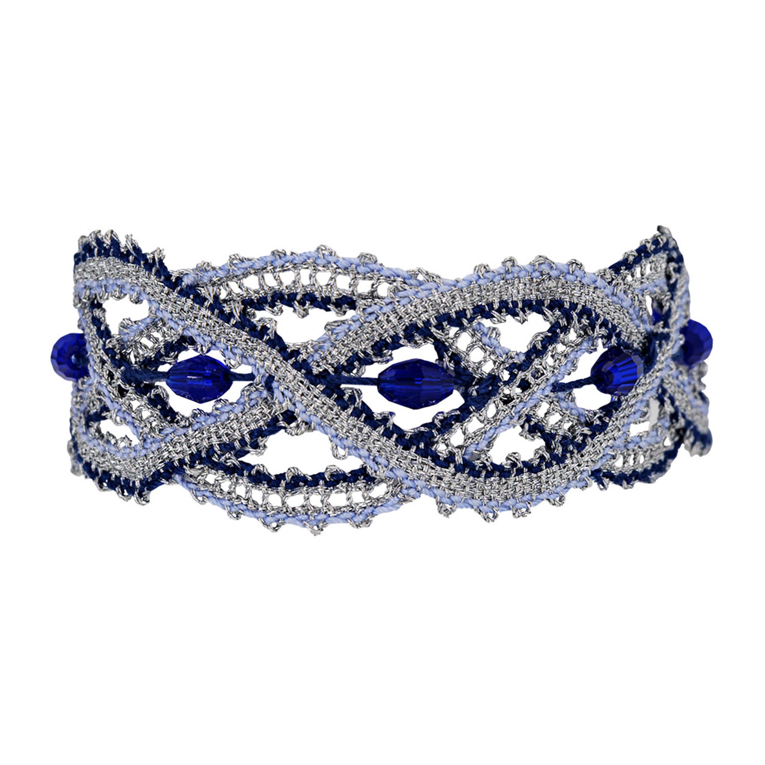 handcrafted textile wristband out of metallized thread and premium embroidery thread. Delicate Glass beads give it an extra portion of elegance.