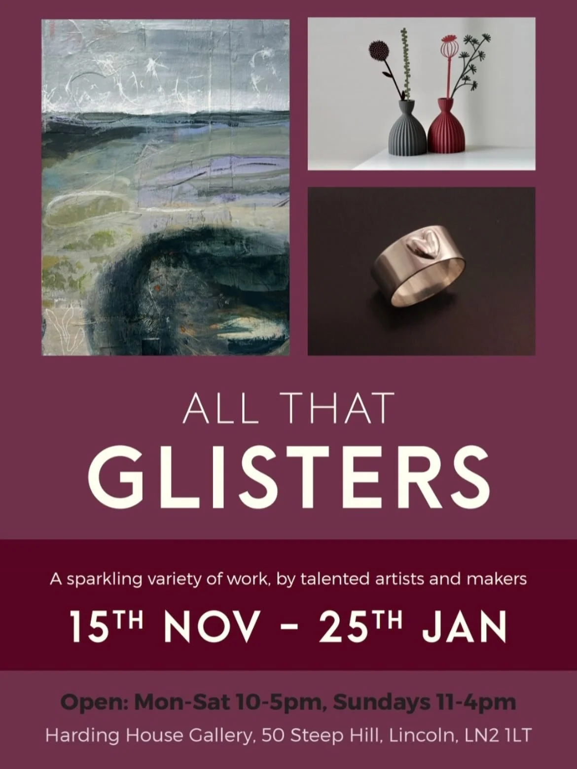 Opening today!
@hardinghousegallery in Lincoln.
ALL THAT GLISTERS 

Delighted to have been invited to take part in the festive show. 
The show runs until 25th January so plenty of time to visit if in the area.

-
-
#hardinghousegallery #lincoln #allt