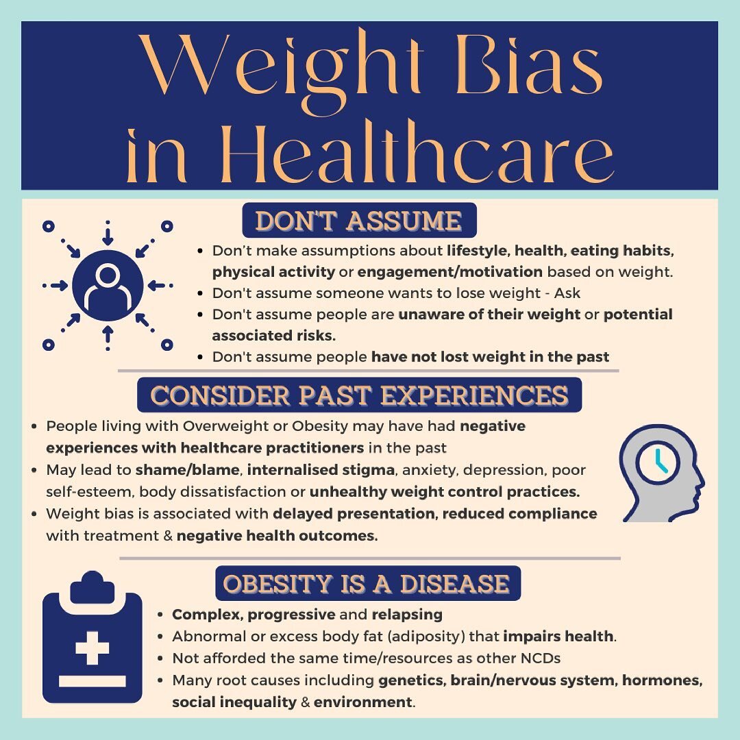 Weight Bias in Healthcare causes negative health outcomes for people living with excess weight.

#mybestweight #supportnotstigma #weightbias #obesity #livingwithobesity #neverassume