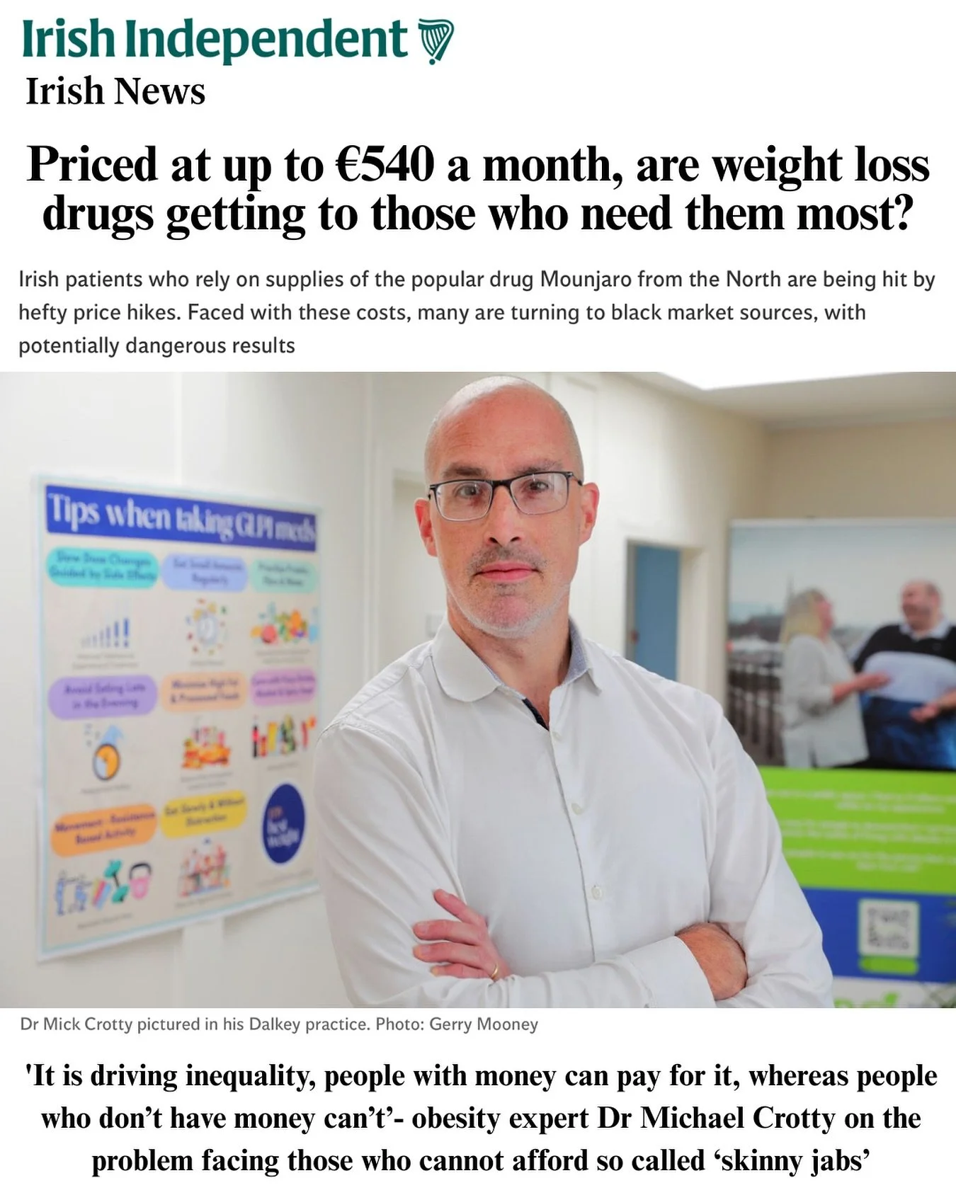Our clinical lead, Dr Michael Crotty, was interviewed by @stilldanbar for this article in @independent.ie today.

The full article can be found here: https://m.independent.ie/irish-news/priced-at-up-to-540-a-month-are-weight-loss-drugs-getting-to-tho