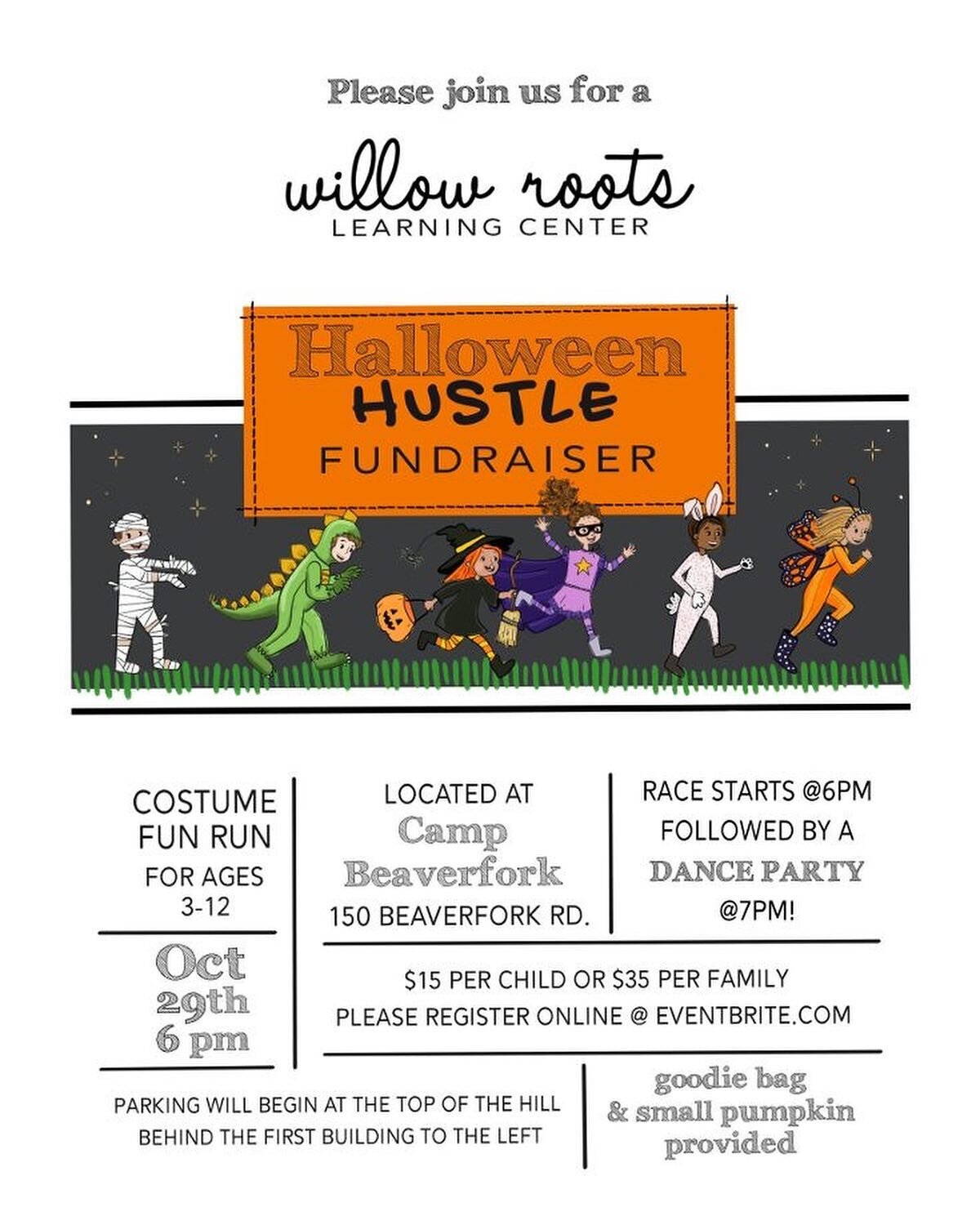 Today is the day! Join us tonight for a Halloween Hustle! There will be an obstacle course for your child to venture through, a dance party, food, and an amazing goody bag for your child to take home. A huge thank you to our sponsors and to our Willo