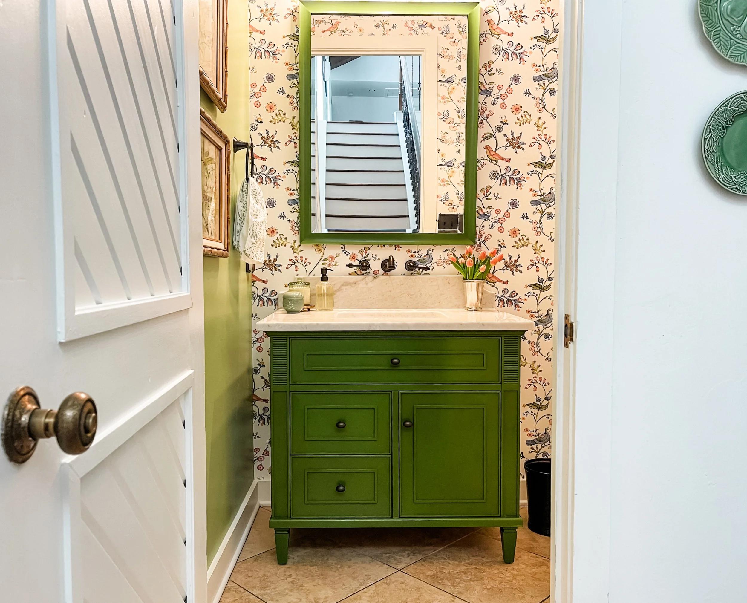Powder bath project reveal! Had so much fun helping my client bring this space to life. She came to me with the wallpaper and accent wall already selected so it was important to make the rest of the selections in a way that allowed the wallpaper to b