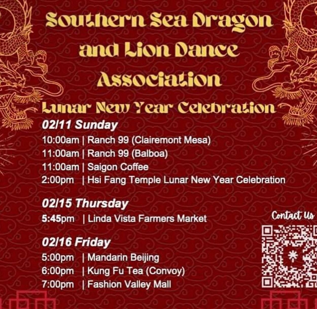 And the 2024 Year of the Dragon festivities continue! 🥳 🧧 🐉 Swipe left to check out the schedule for performances throughout this weekend (2/16-2/18)! 

🦁 Fri, 2/16 @ 6 pm: @kftsandiego 
🦁 Sat, 2/17 @ 10:30 am:  @jasmineseafood 
🦁 Sat, 2/17 @ 1
