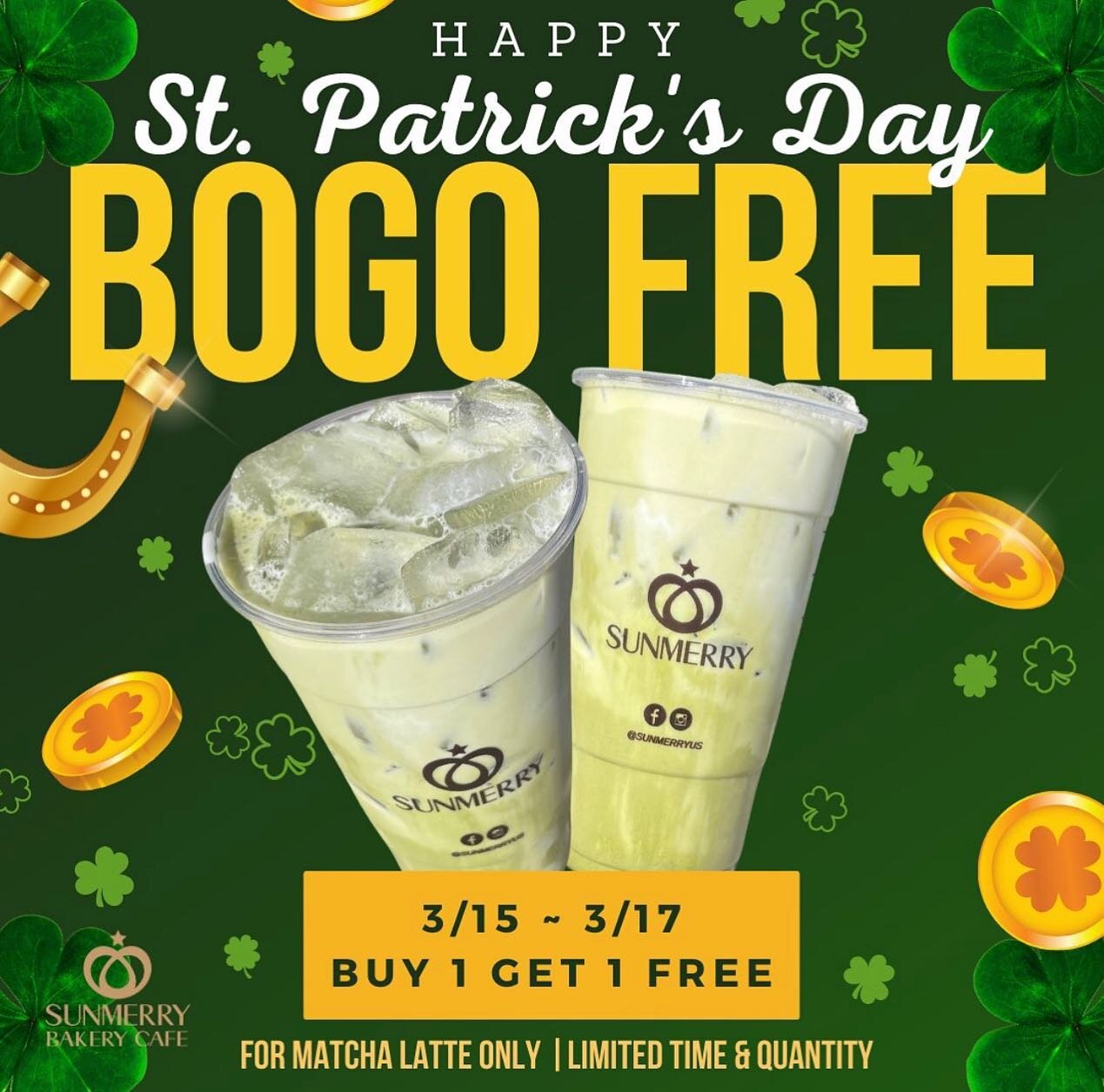 ☘️Happy St. Patrick&rsquo;s Week!!💚🍀
@sunmerryus  in Convoy District is now open! 🥳 So many good drinks, cakes, donuts and pastries to choose from. Celebrate this St. Patty&rsquo;s weekend with a a BOGO Free Matcha Latte! 

Pair it up with other m