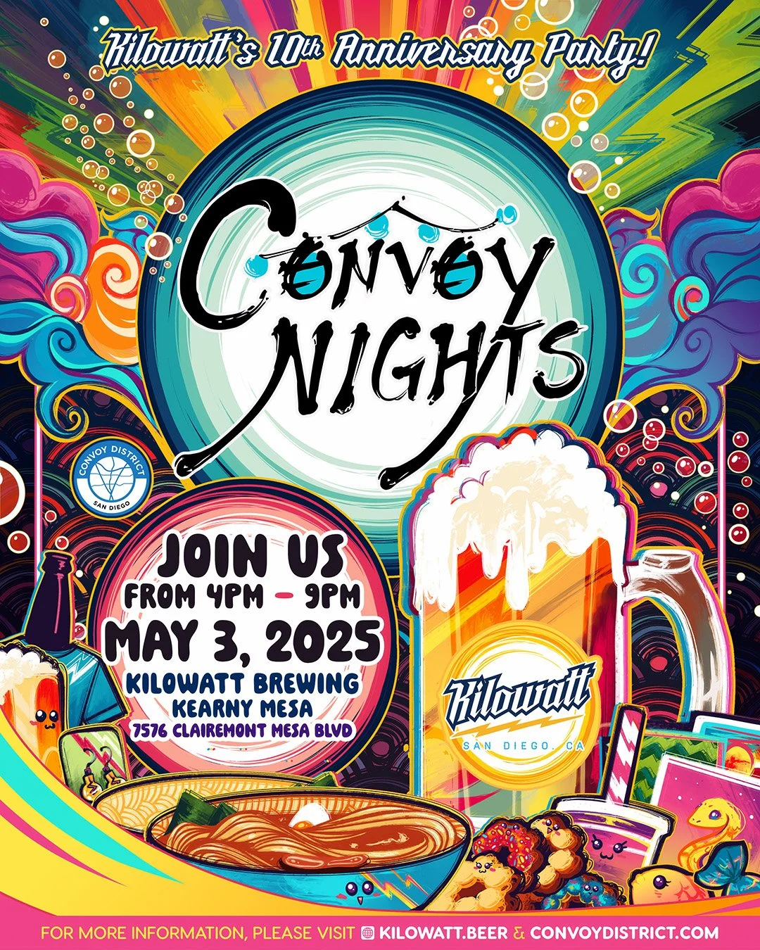 Convoy Nights + @kilowattbeer 10-Year Anniversary Celebration return on May 3 from 4 - 9PM! 🎉🍻🍡

Kilowatt Brewing is celebrating their 10-Year Anniversary and May&rsquo;s Asian American and Native Hawaiian Pacific Islander Heritage Month with the 