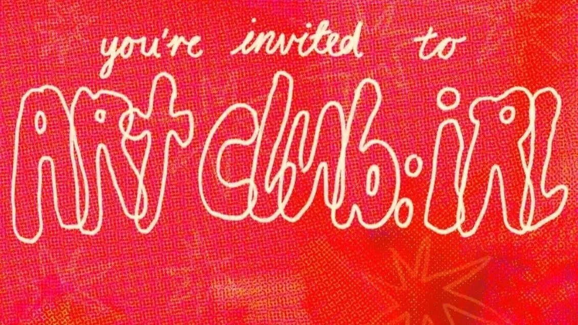 Neon sign reading "you're invited to art school?" on a red background.