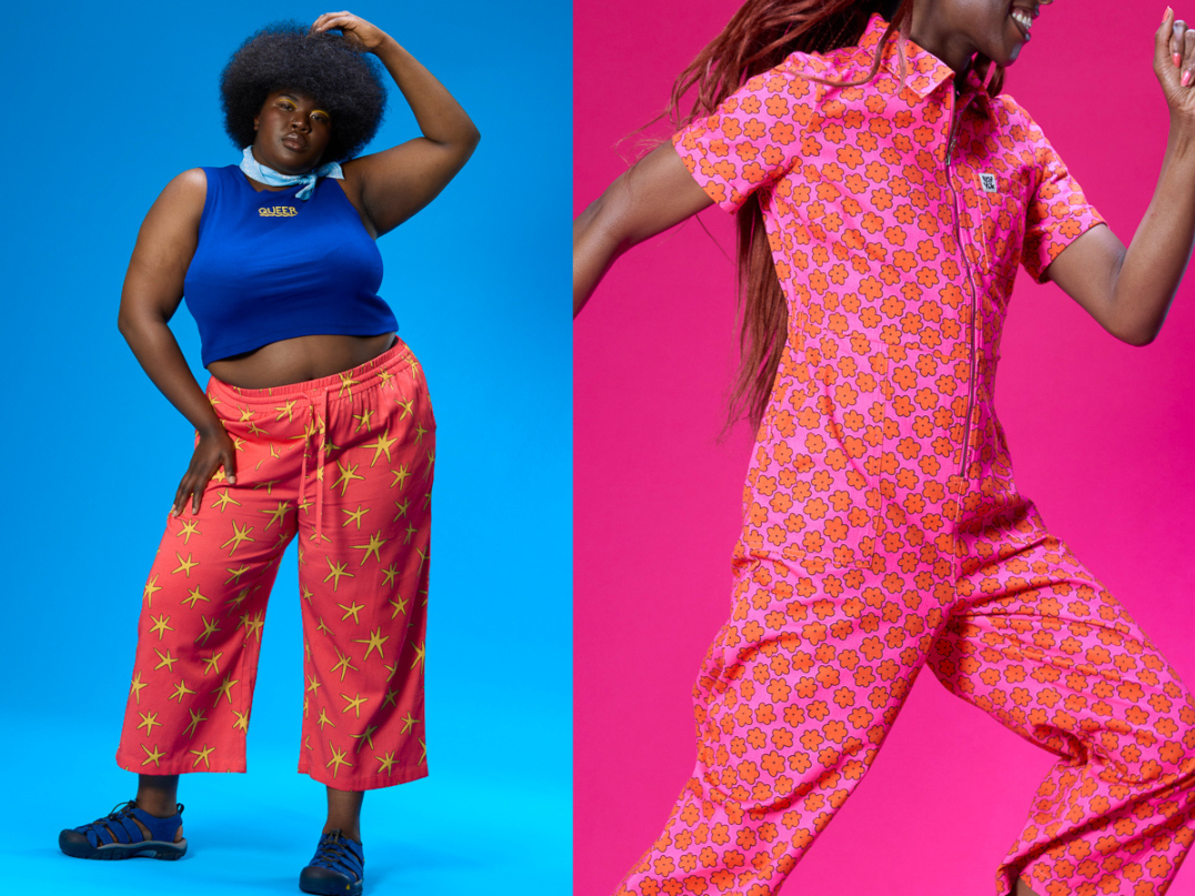 Two women in colorful outfits against vibrant backgrounds, one in a blue top and red pants with yellow starburst patterns, and the other in a pink jumpsuit with orange flowers, both striking dynamic poses.