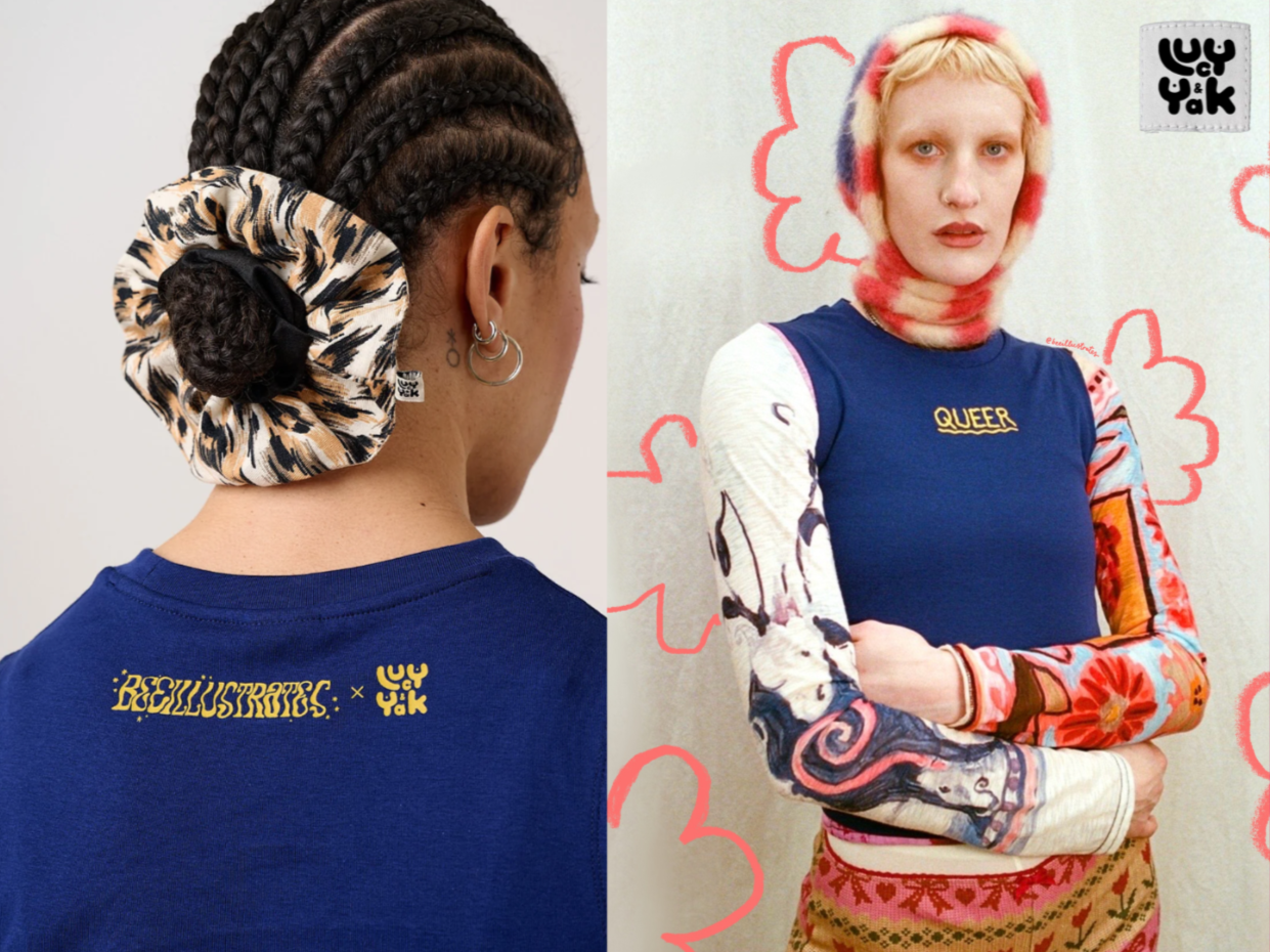 Two , one with braids and a leopard print scrunchie, wearing a blue shirt, and the other with short blonde hair, wearing a colorful hooded top with mixed patterns and the word 'QUEER' on the front, posing against a light background with pink squiggly lines.