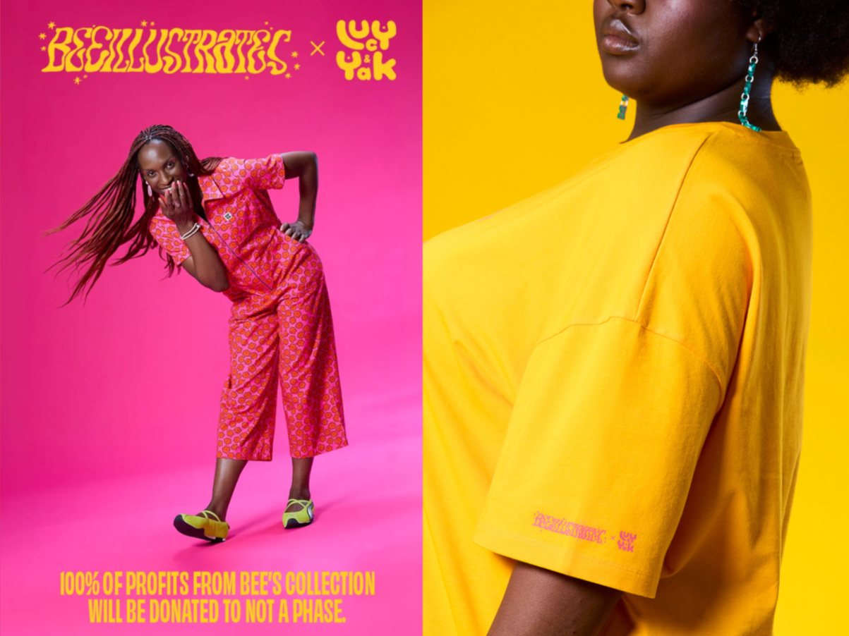 A woman with braided hair wearing a pink patterned jumpsuit and yellow sneakers, leaning forward with her hand near her face, standing against a pink background with yellow text that says '100% of profits from BEE'S collection will be donated to NOT A PHASE.' Another woman with dark skin, curly hair, and earrings, wearing a yellow T-shirt, is partially visible against a yellow background on the right side of the image.