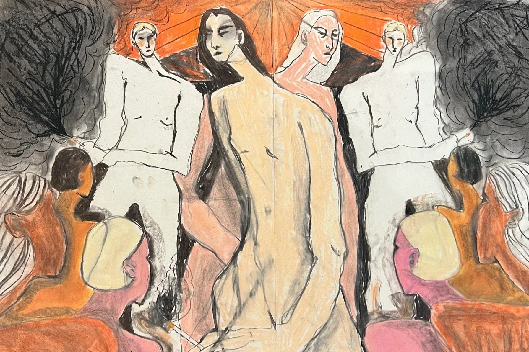 Smoking Area At The Lesbian Bar 

2025

60cm x 80cm

 Conté crayon and charcoal on 300gsm Hahnemühle paper.