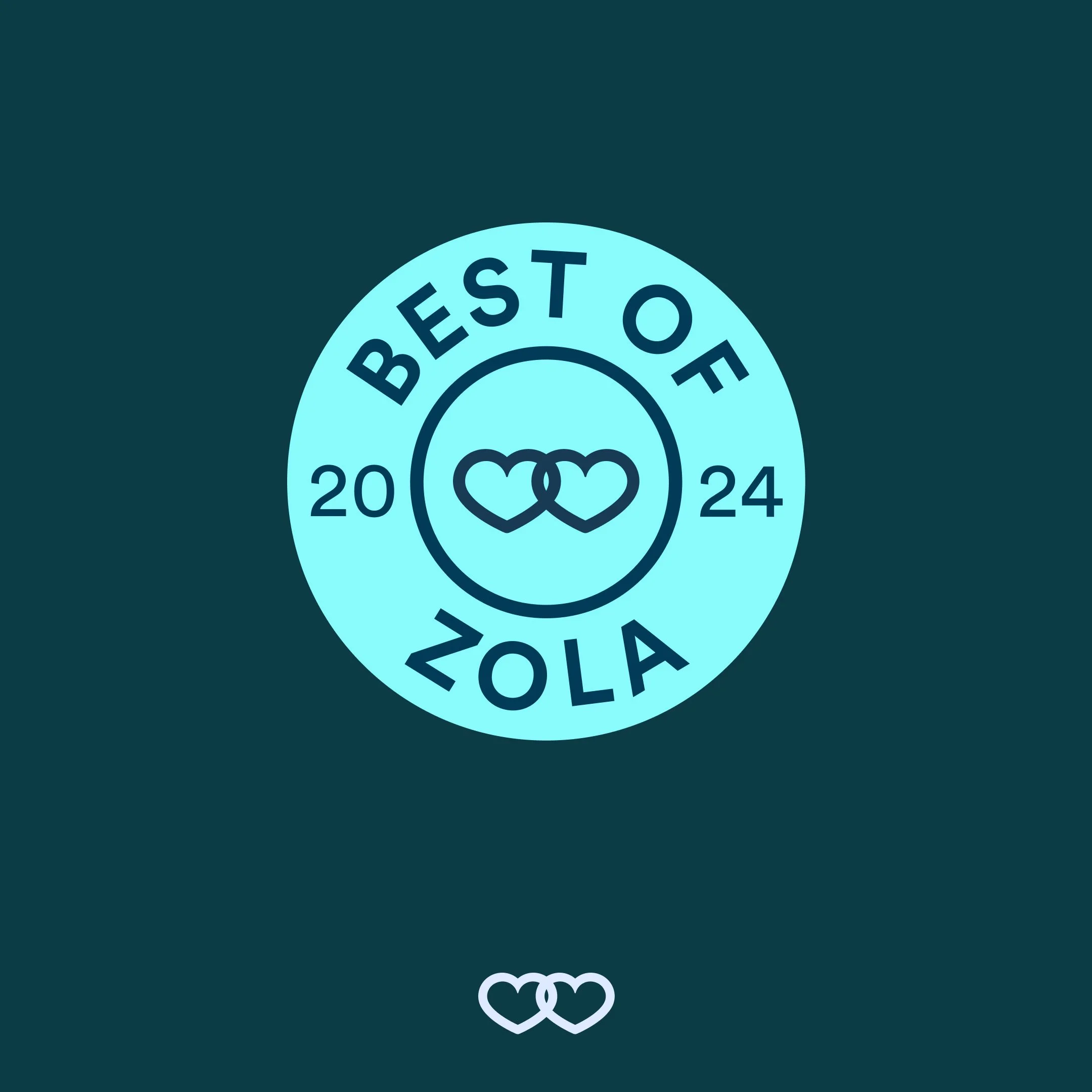 A circular badge with the text 'Best of Zola 2024', featuring two interlinked hearts in the center.