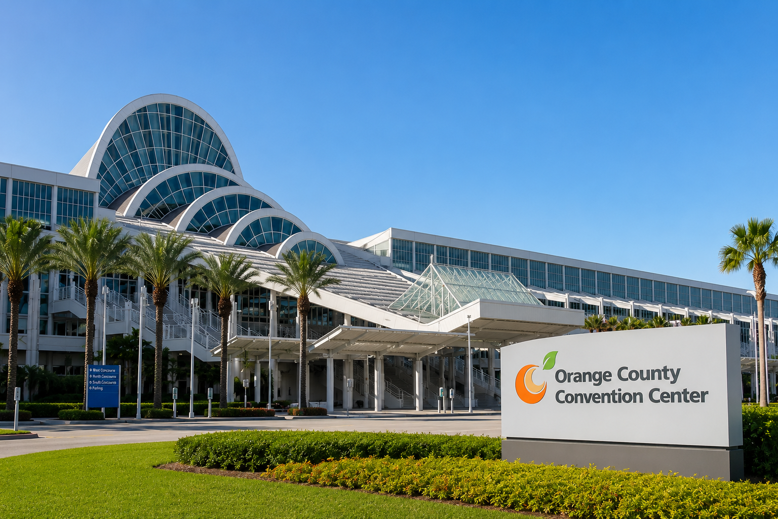 Exterior of the Orange County Convention Center with a sign in the foreground, showing a modern building with palm trees and a clear blue sky.