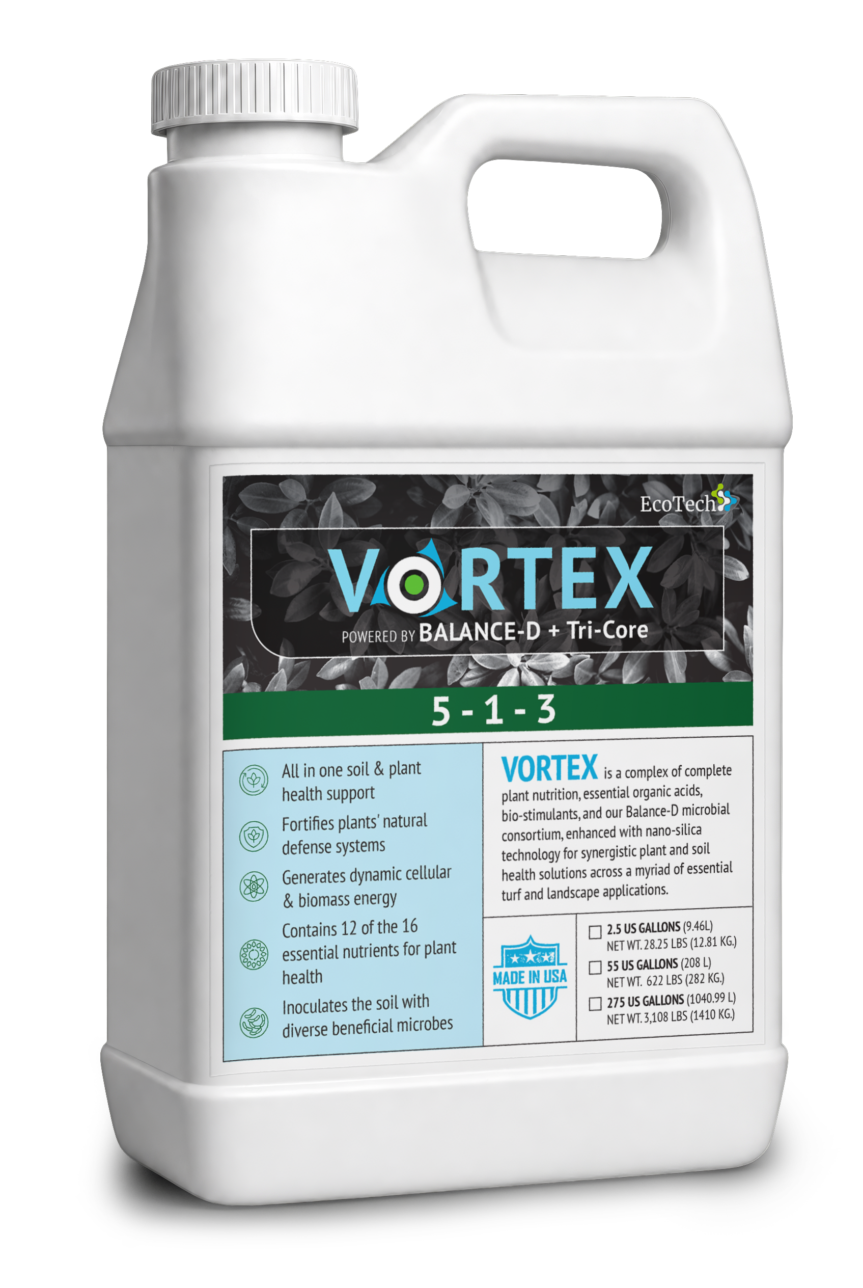 EcoTech Vortex liquid jug combining nano-silica delivery tech and chitosan defense mechanisms to improve crop cell wall density and environmental stress tolerance across commercial nurseries.