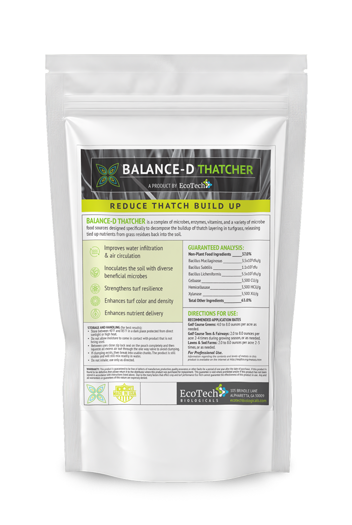EcoTech Balance-D Thatcher enzymatic soluble powder pouch, featuring heavy cellulase and xylanase arrays to accelerate grass residue decomposition on professional golf course fairways.