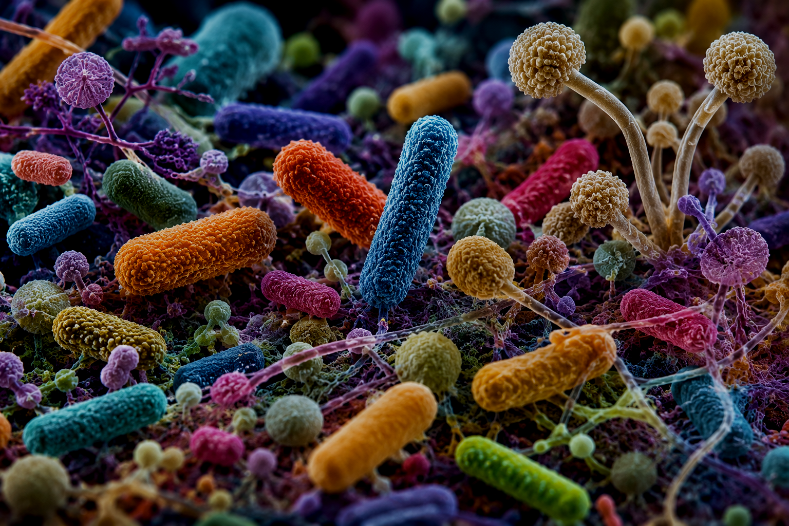 Scientific visualization of a diverse microbial consortium containing over 32,000 known beneficial species for sustainable commercial industries.