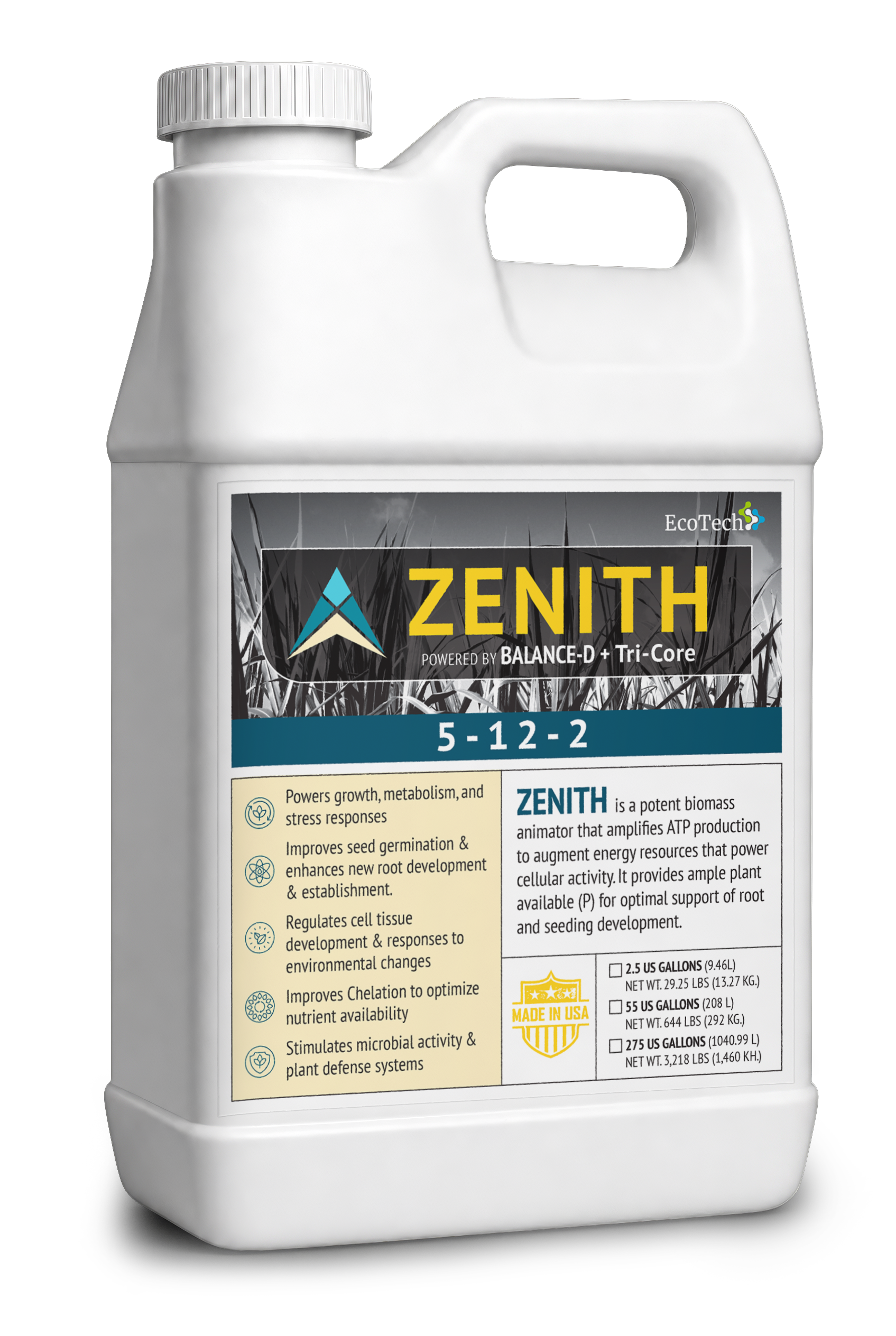 EcoTech Zenith 5-12-2 high plant available phosphate liquid concentrate jug built to optimize seed germination, accelerate root establishment, and eliminate crop transplant shock.