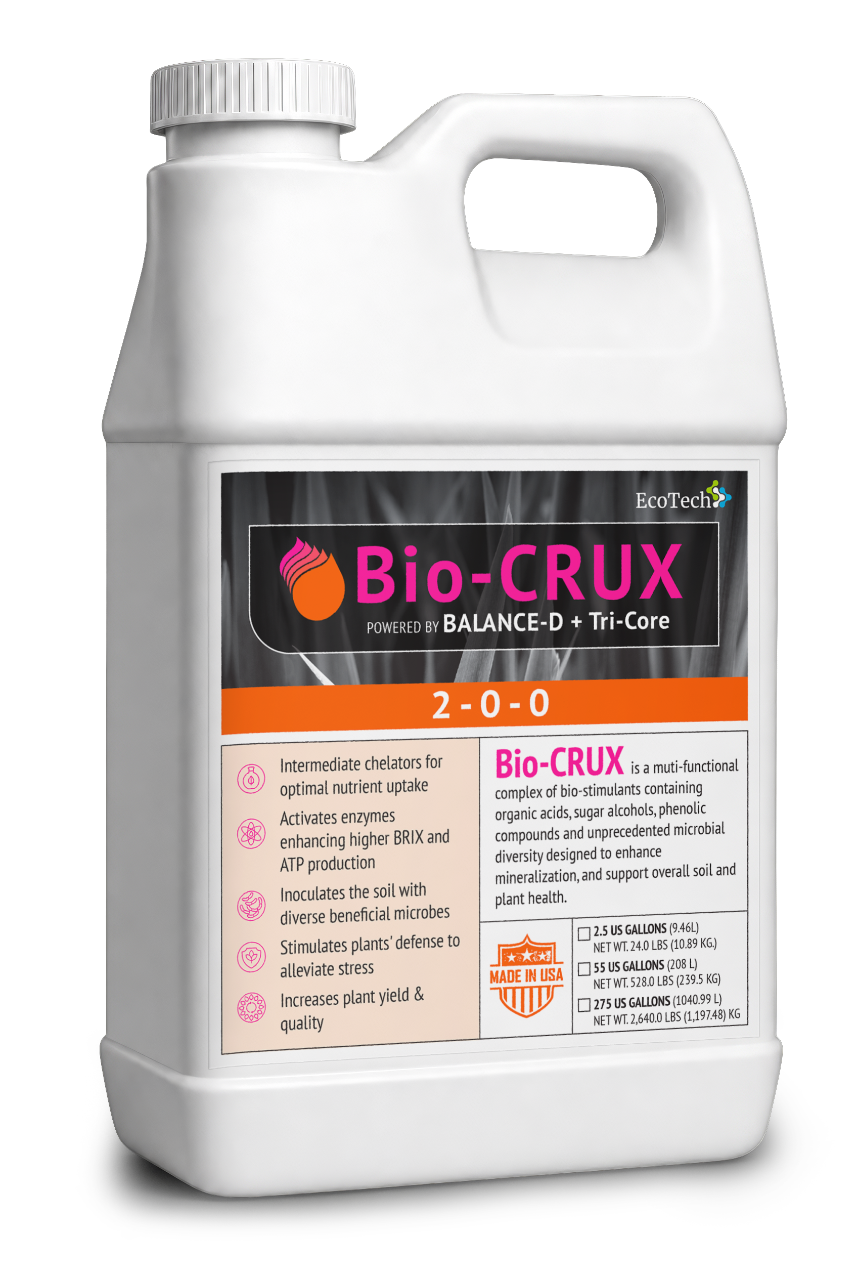 EcoTech Bio-CRUX liquid biomass animator jug engineered to mine tied-up soil nutrients, stimulate microbial activity, and hyper-inflate commercial crop and turf grass BRIX sugar levels.