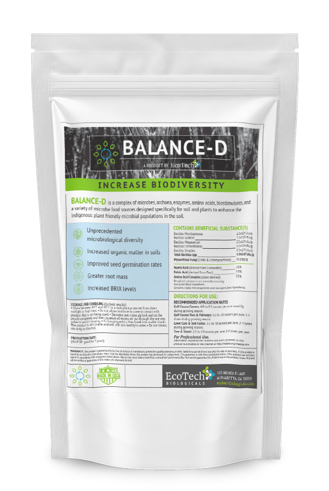 EcoTech Biologicals Balance-D flagship soluble powder microbial inoculant featuring a diverse consortium of 32,000 beneficial strains for immediate soil viability.
