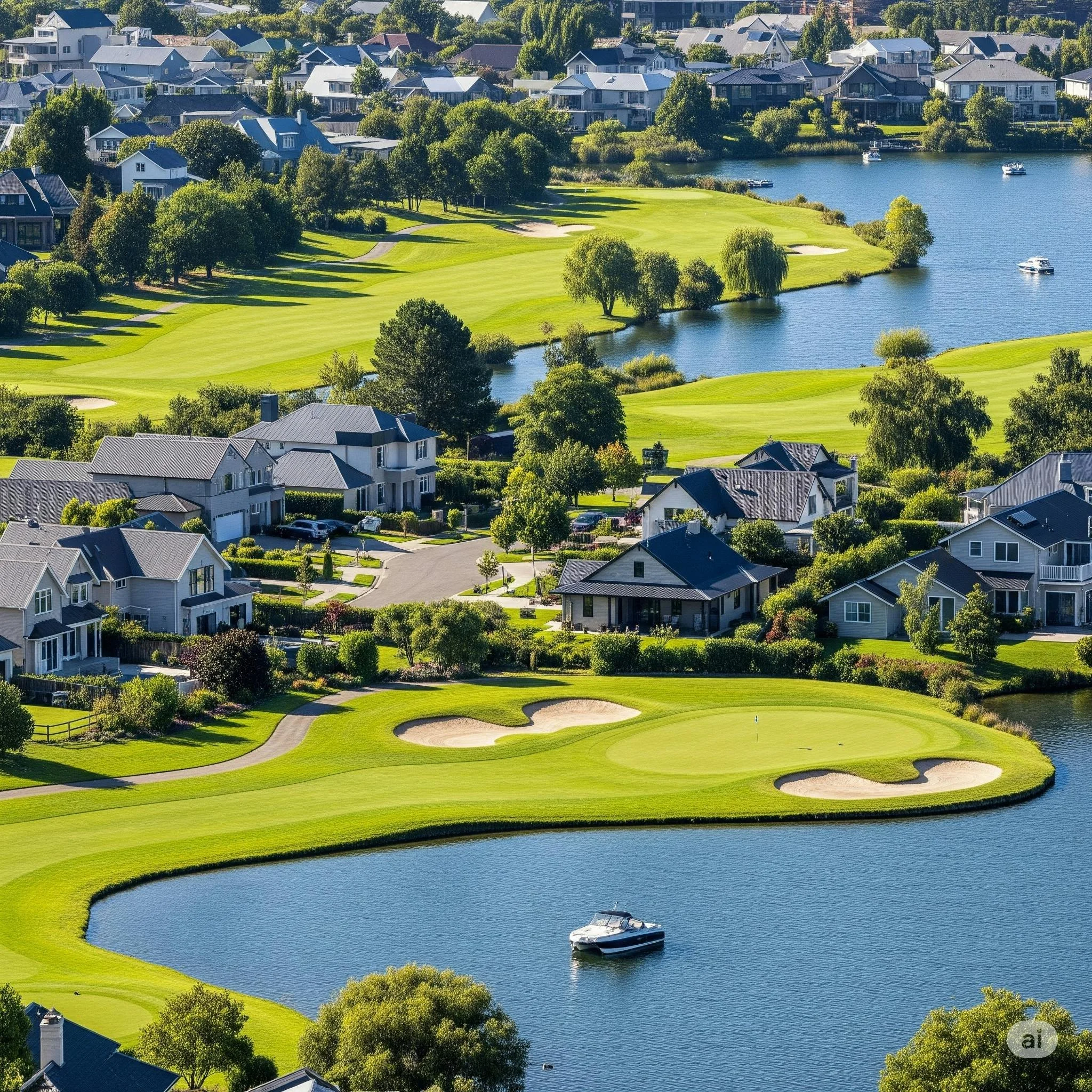 Aerial view of premium golf course fairways surrounding a master-planned community, showcasing high-performance biological turf grass management programs.