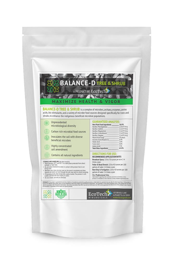EcoTech Balance-D Tree and Shrub soluble powder biological inoculant bag, fortified with Vitamin C and endo-ectomycorrhizae for professional foliar spray, root drench, and fertigation systems in commercial nursery and landscaping networks.