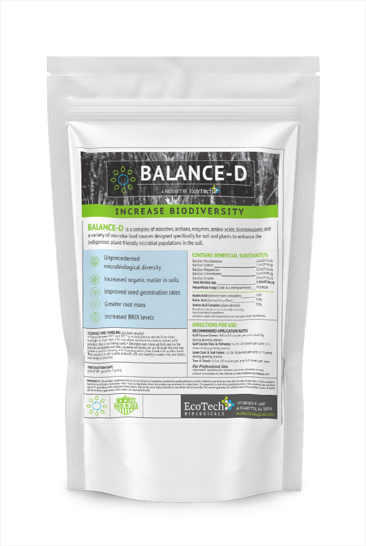 EcoTech Balance-D highly concentrated soluble powder microbial inoculant bag, featuring a diverse 32,000-strain consortium with mycorrhizal fungi and humic acid to maximize nutrient uptake on golf course greens, sod farms, and agribusiness fields.