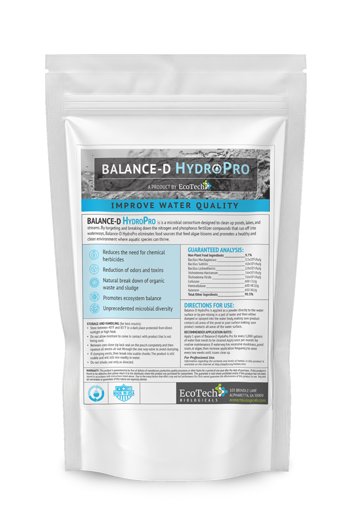 EcoTech Balance-D HydroPRO microbial water quality powder bag, formulated with heterotrophic bacteria and trichoderma strains to break down agricultural fertilizer runoff, digest organic waste sludge, and naturally prevent pond scum and algae blooms.