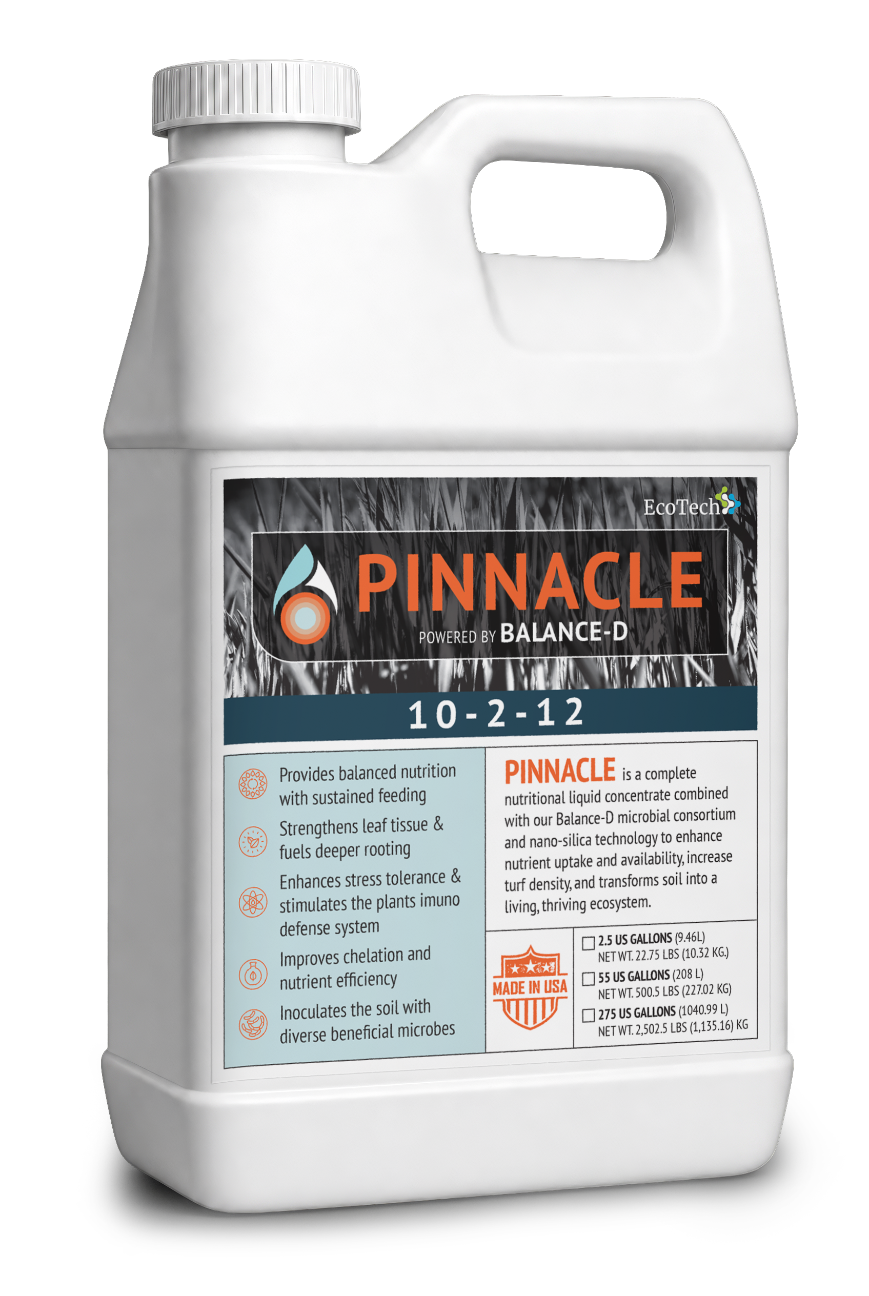 EcoTech Pinnacle 10-2-12 complete nutritional liquid fertilizer concentrate jug combining nano-silica technology, humic acids, and beneficial bacillus strains to strengthen turf grass leaf tissue and maximize root density.