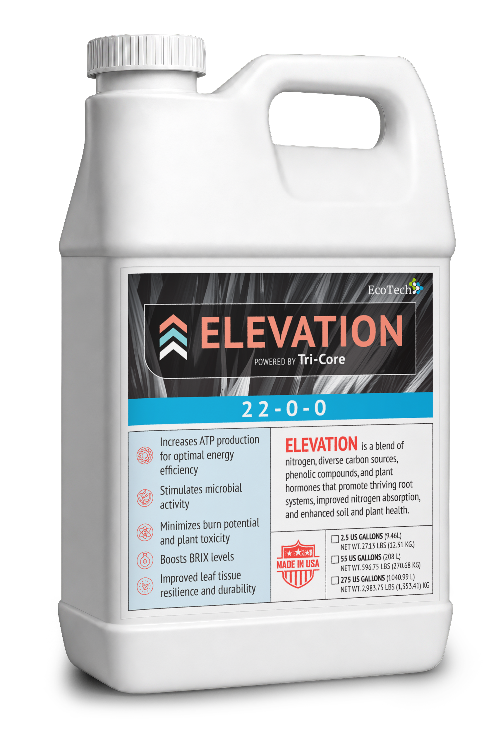 EcoTech Elevation 22-0-0 high nitrogen liquid solution jug designed to accelerate vegetative growth and dense plant tissue development across commercial crops and professional turf grass.