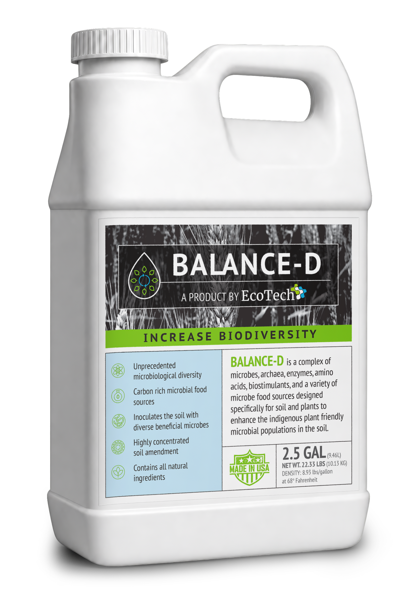 EcoTech Balance-D Liquid Formula microbial soil amendment jug with a 32,000-strain beneficial microbe consortium and humic acids to maximize nutrient uptake on commercial turf and agribusiness fields.