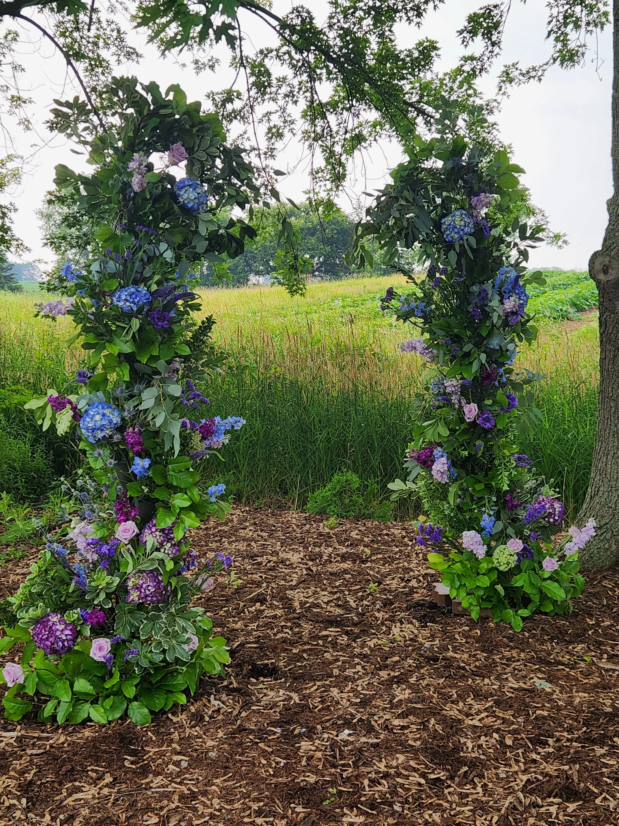A decorative floral wedding arch with purple, blue, and lavender flowers set outdoors on a wooded area with garden mulch ground cover and a grassy field in the background.