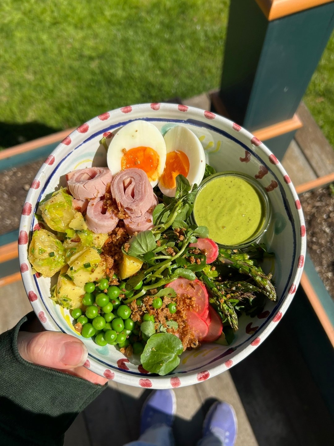 Our Farm Salad features all the springtime highlights: wild watercress, spring asparagus, peas, mint, dill, rainbow eggs, and shallots