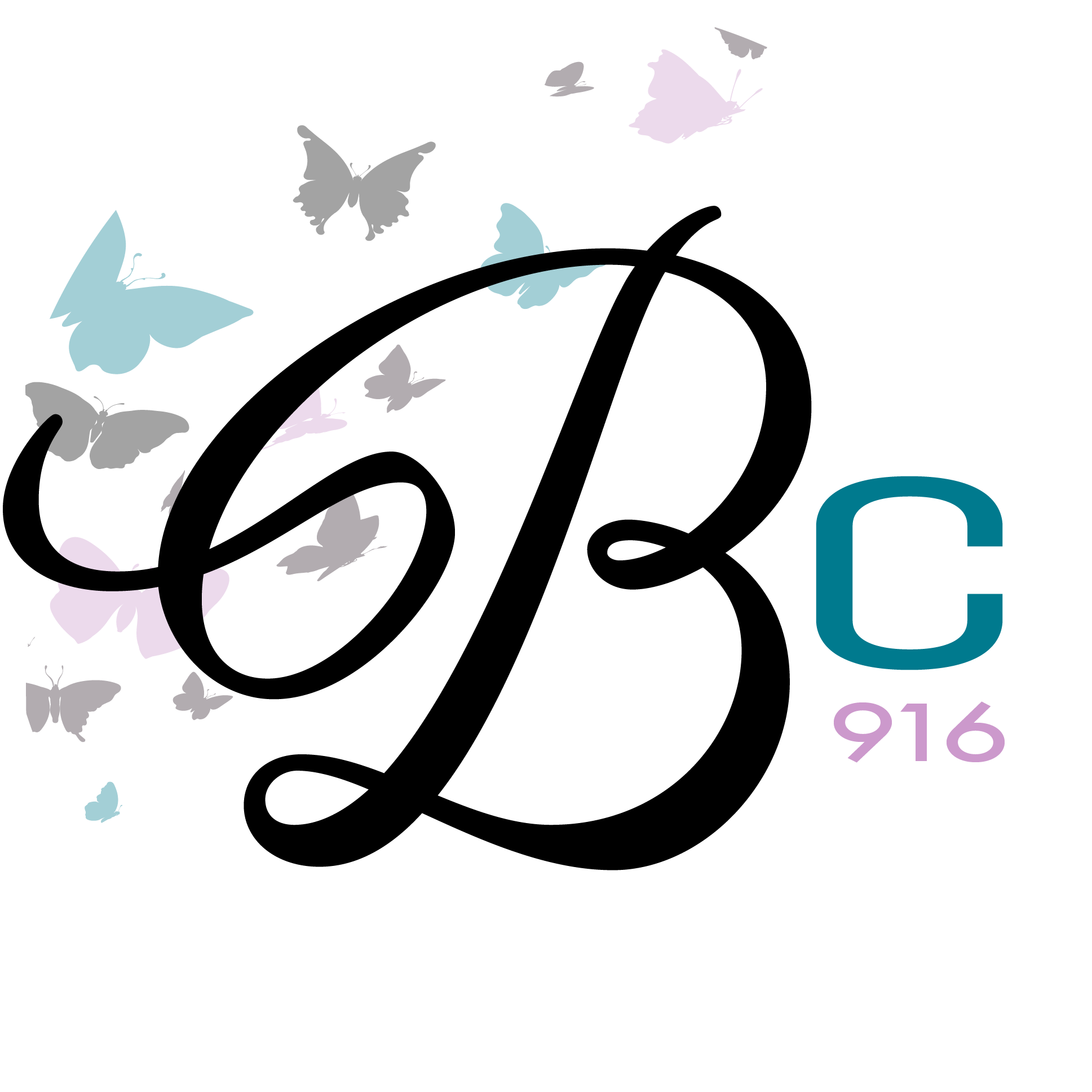 Logo with colorful butterflies, some purple, pink, and blue, flying around and a large lettering for the organization BC916, Brianna's Closet 916.