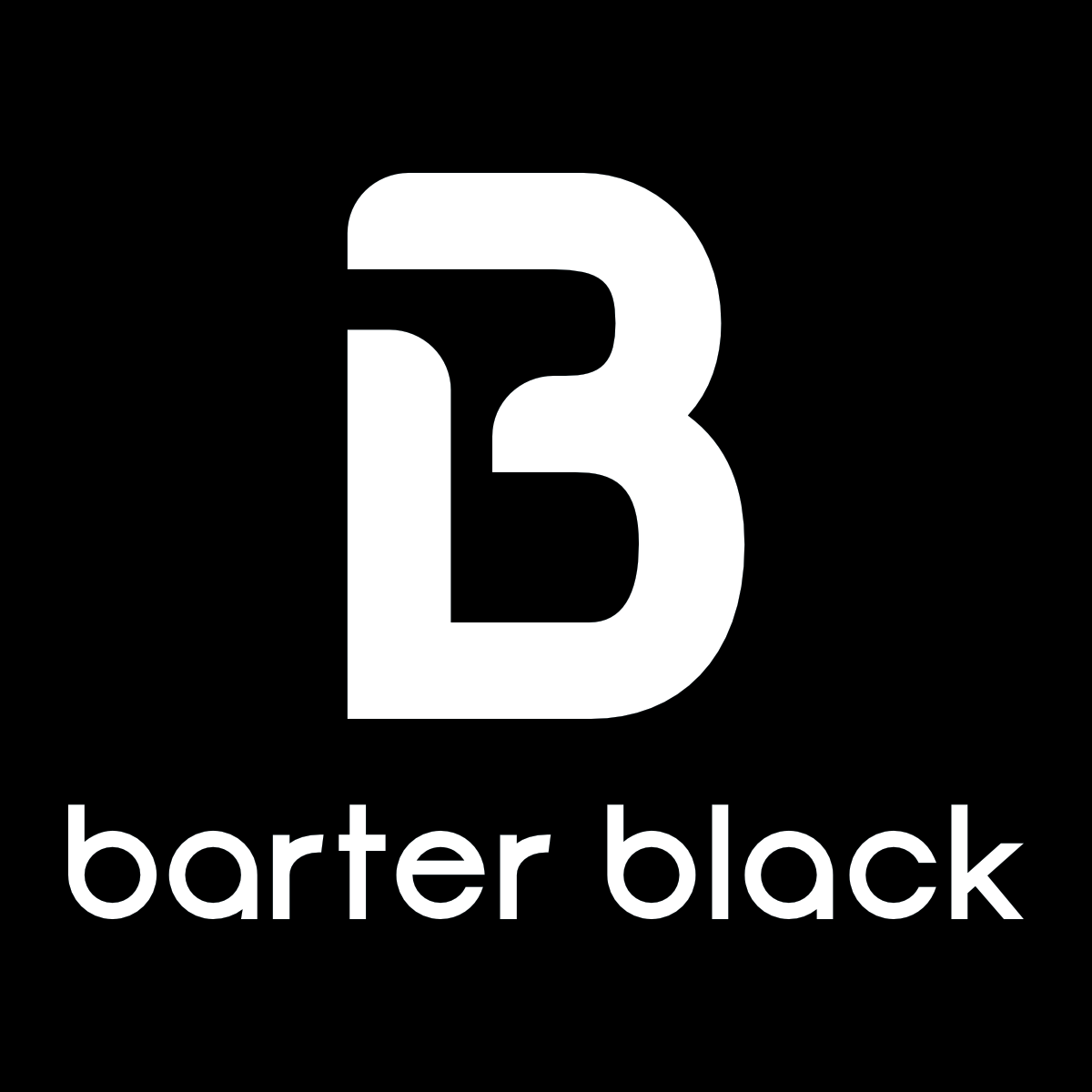 Logo with a large white letter B and the words "barter black" in lowercase white text on a black background.
