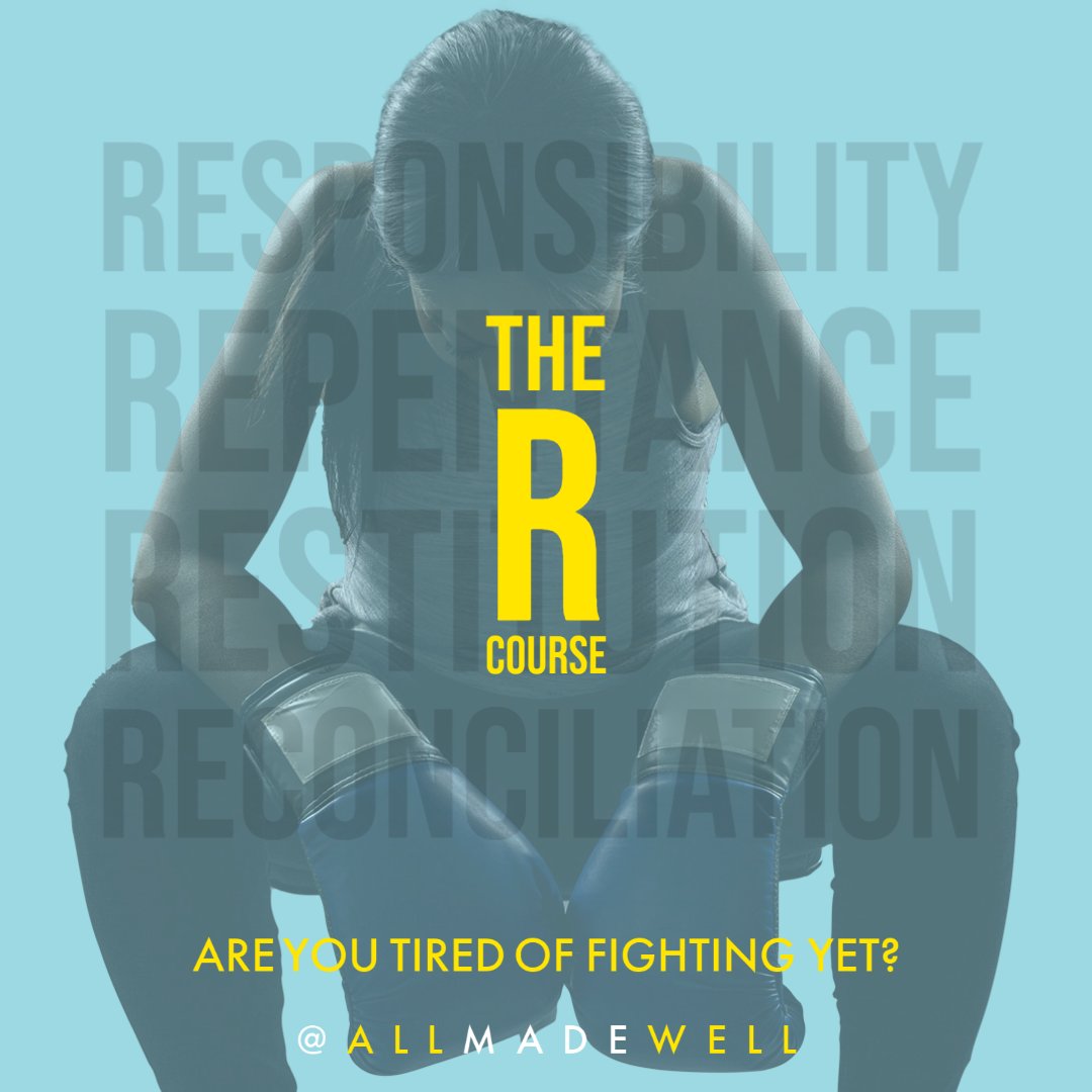 A woman sitting on the ground with her head bowed and fists clenched, wearing boxing gloves, with overlay text about responsibility, resilience, and reconciliation, and asking if you're tired of fighting.