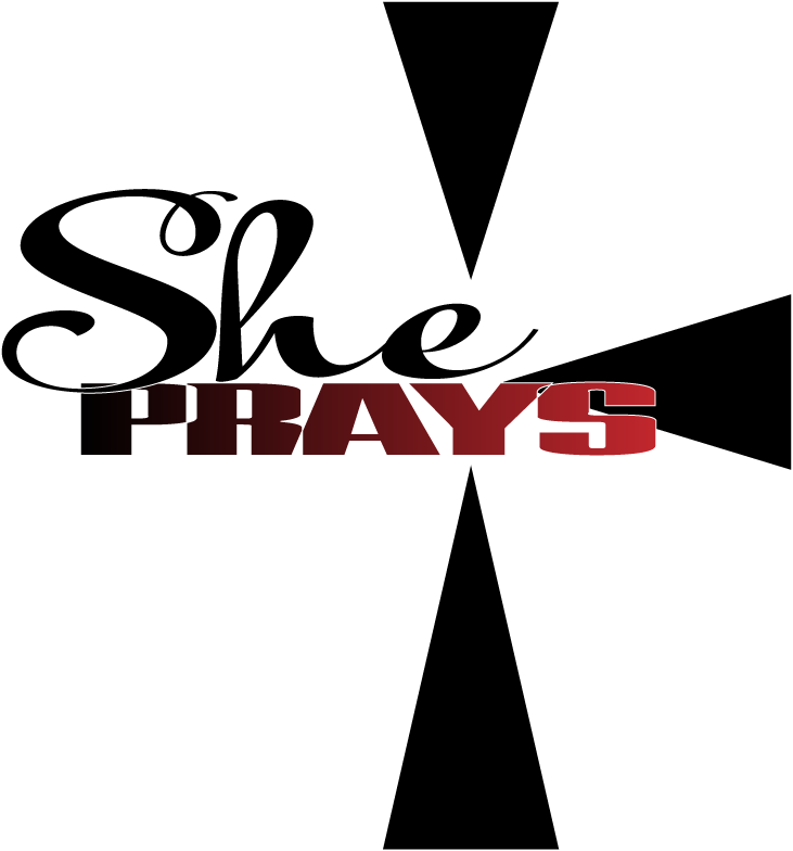 The image contains the words 'She Prays' with 'She' in cursive white font and 'Prays' in bold maroon and black font, set against a black background with geometric lines.