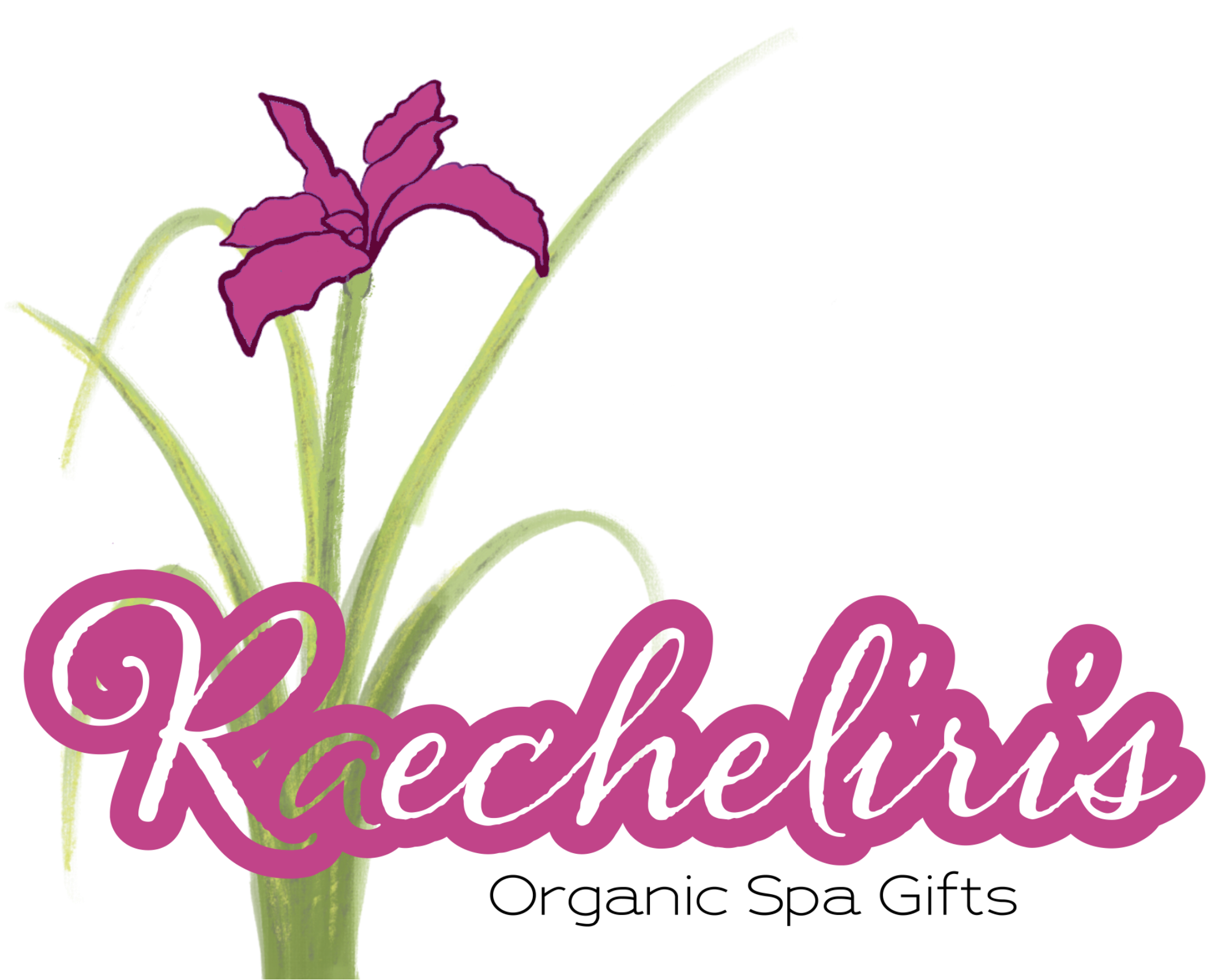 A purple flower with green stem and leaves, with pink and purple cursive text reading "Raecheliris Organic Spa Gifts".