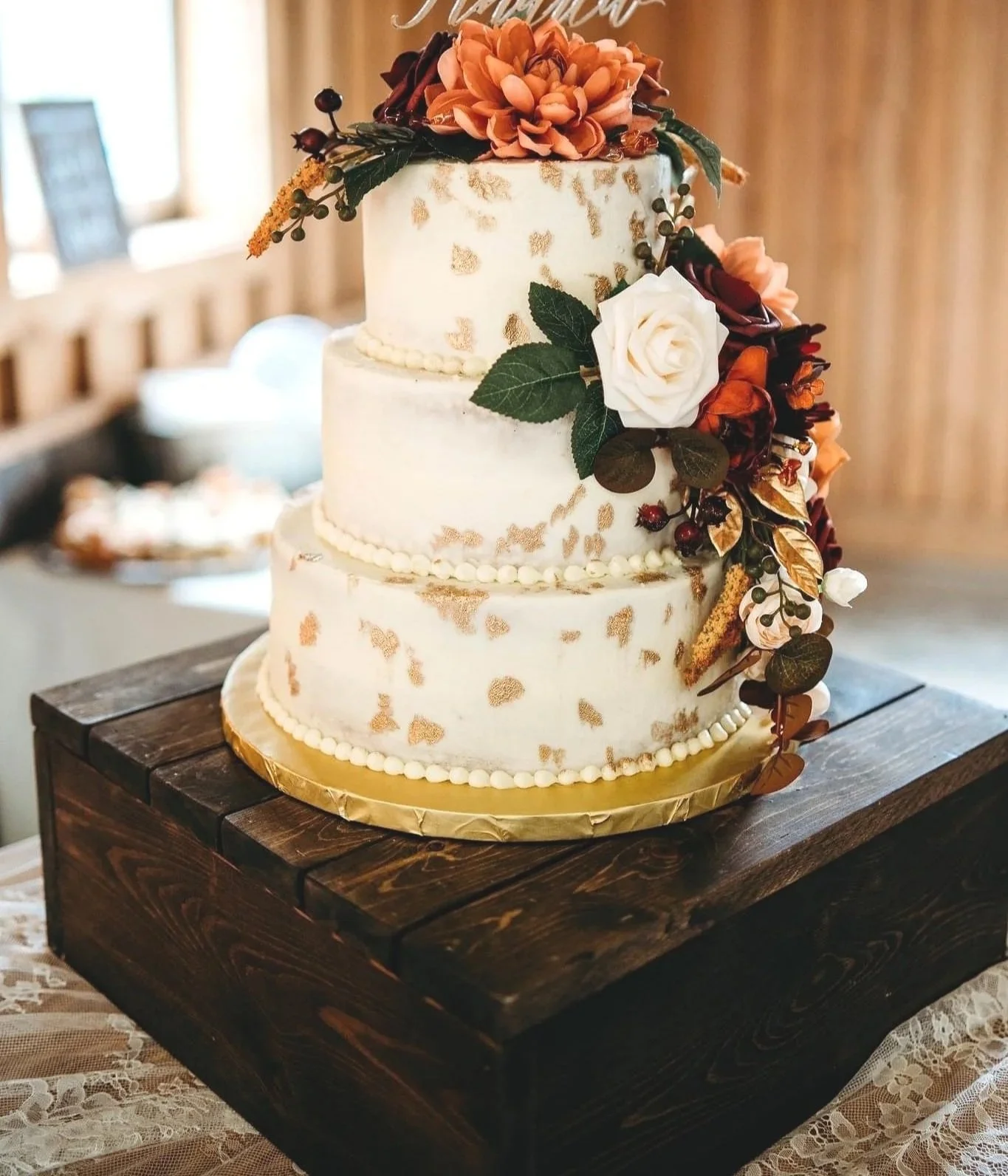 dark walnut stained cake stand for rent 15 inches